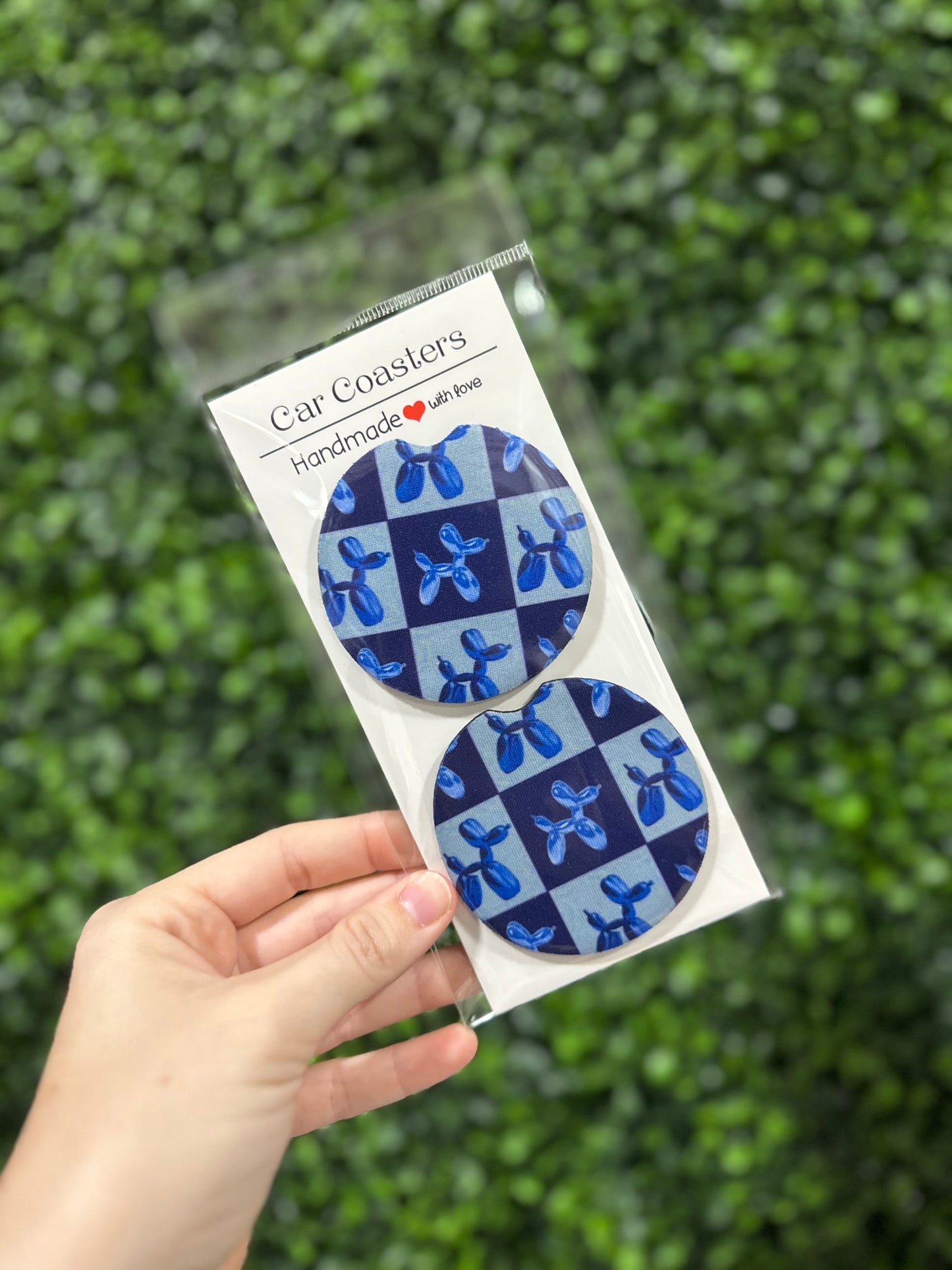 Blue Check Balloon Dog Car Coaster