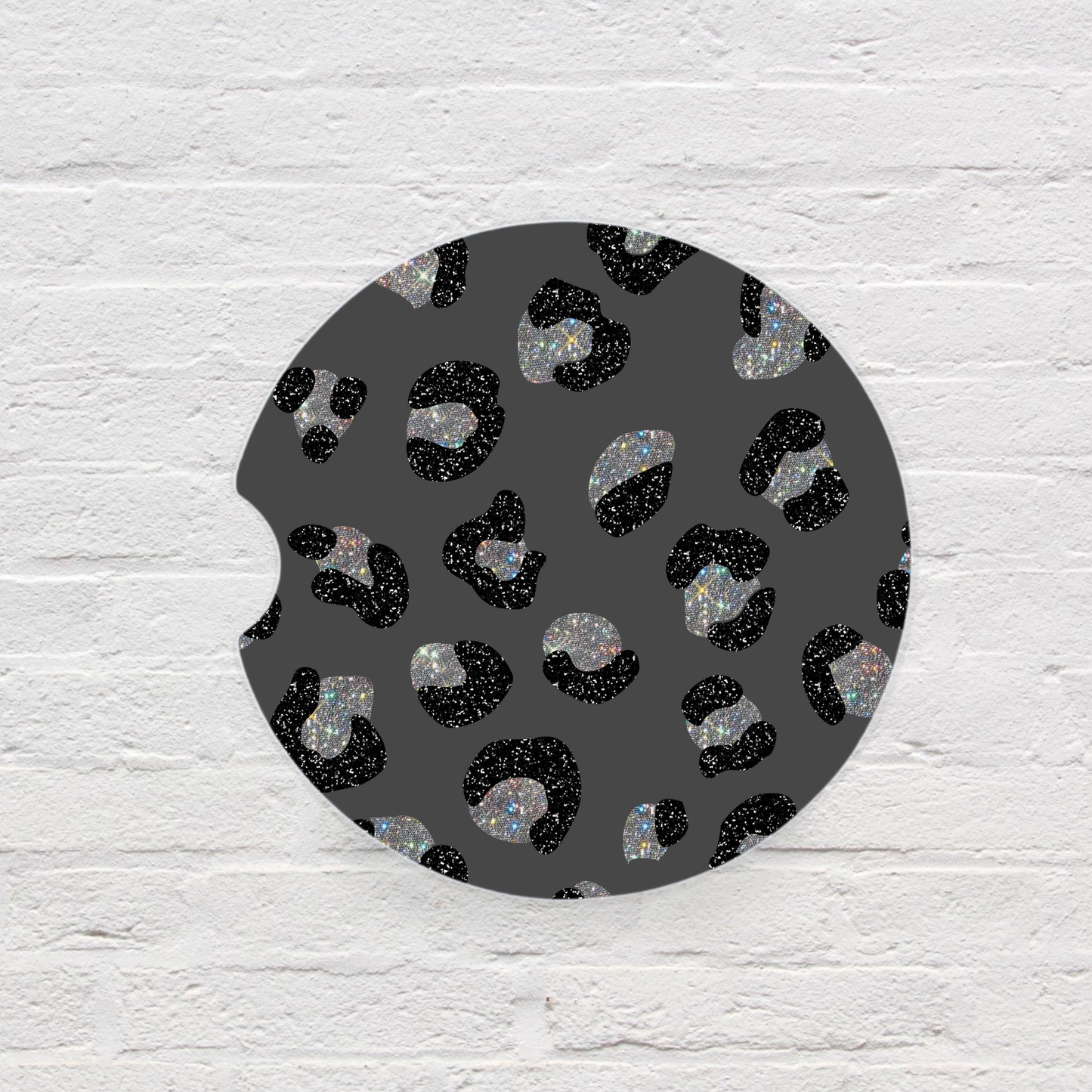 Black & Charcoal Glitter Leopard Car Coaster Set