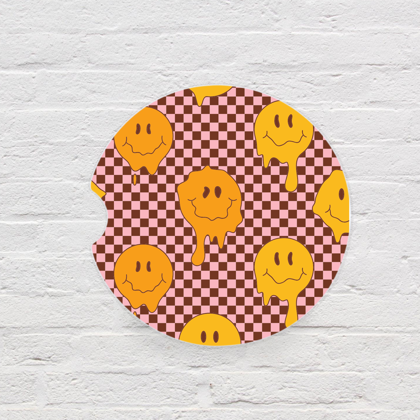 Drippy Smiley with Check Background Car Coaster Set