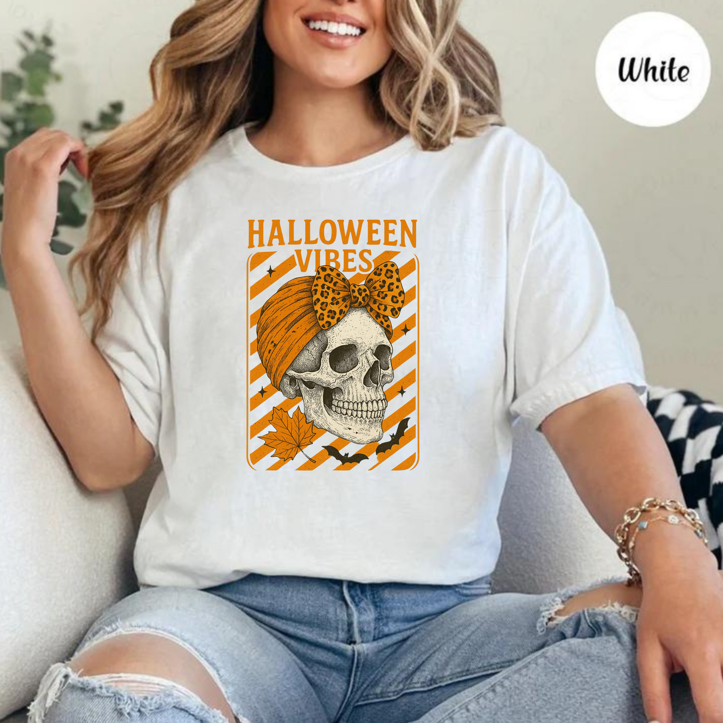 Halloween Vibes with Skull with Headband Graphic Tee