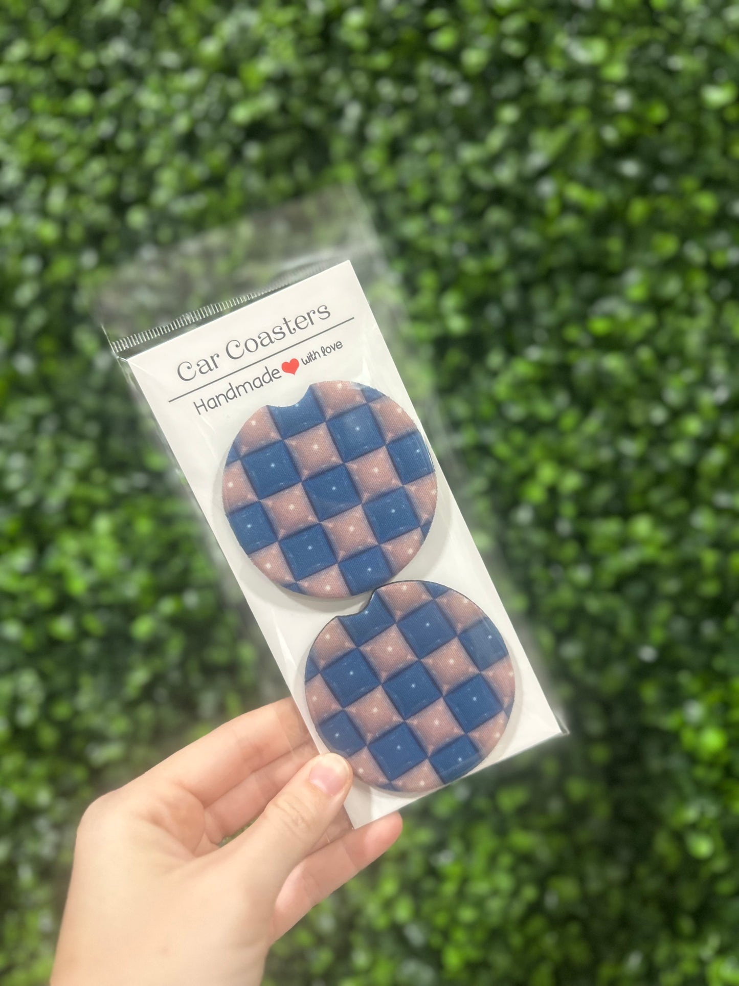 Blue & White Bubble Check Car Coaster