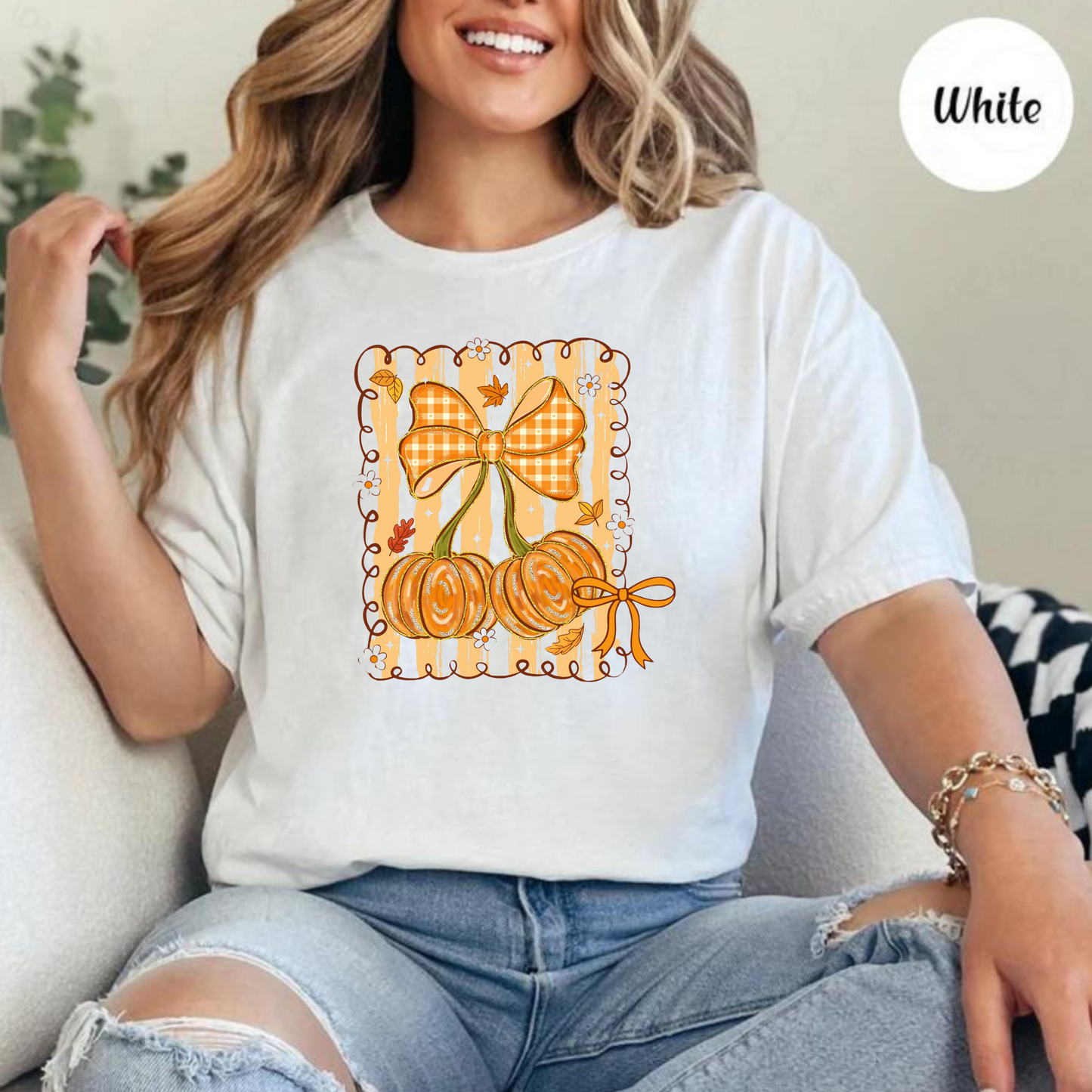 “Cherry” Pumpkin with Stripe Background Graphic Tee