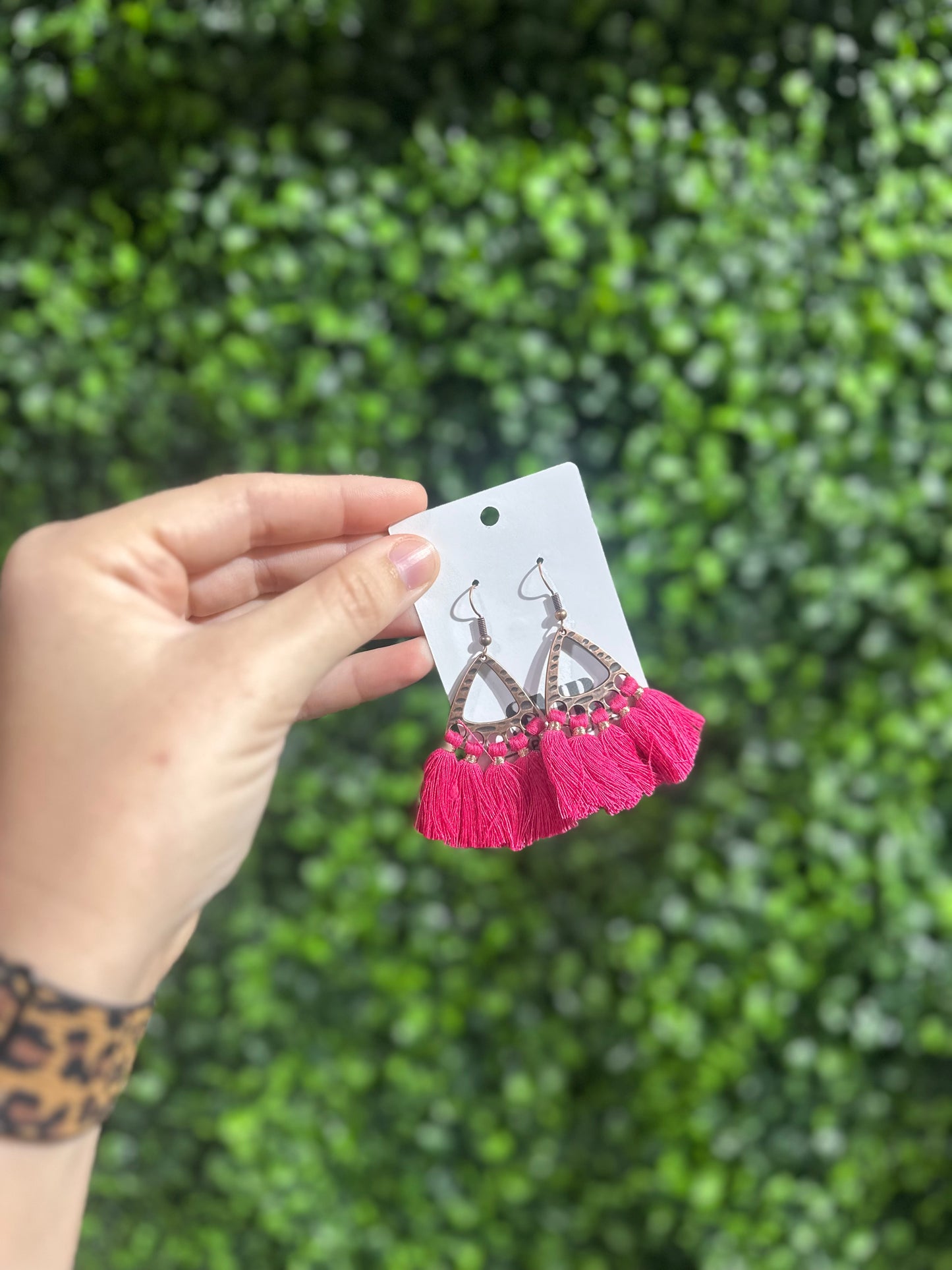 Hot Pink Bronze Tassel Earrings