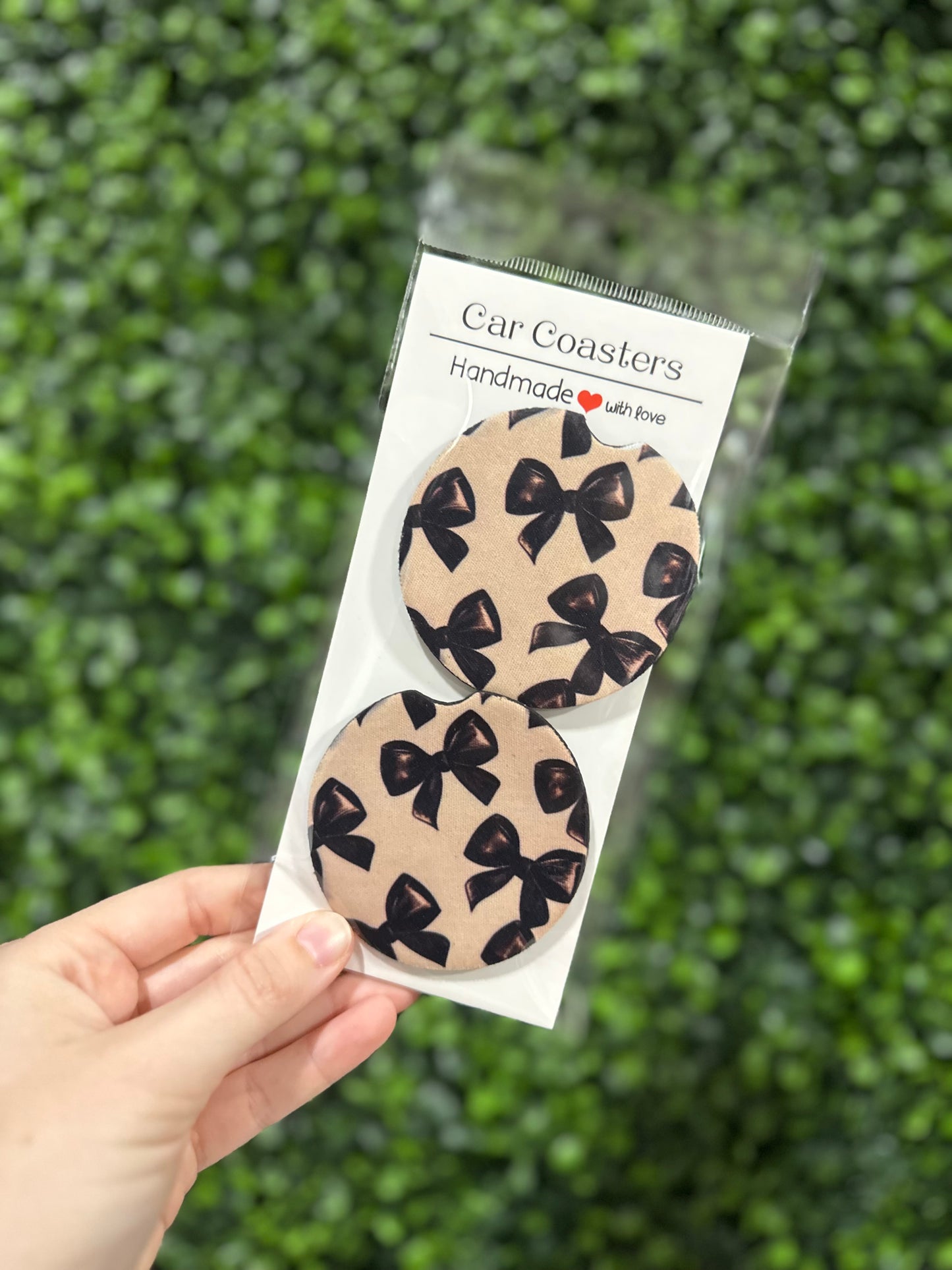 Beige with Black Bows Check Car Coaster