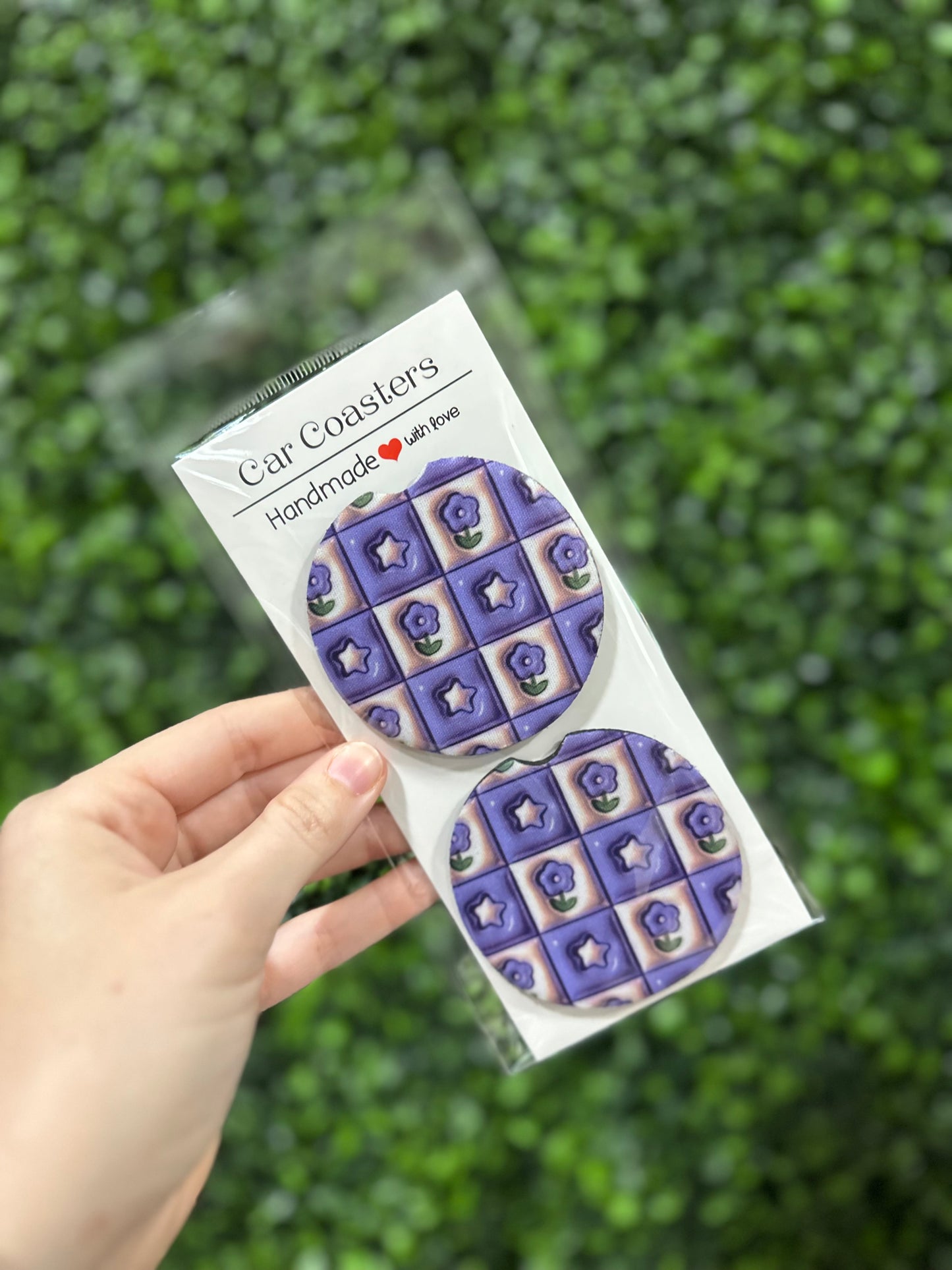 Purple & White Flower Bubble Check Car Coaster
