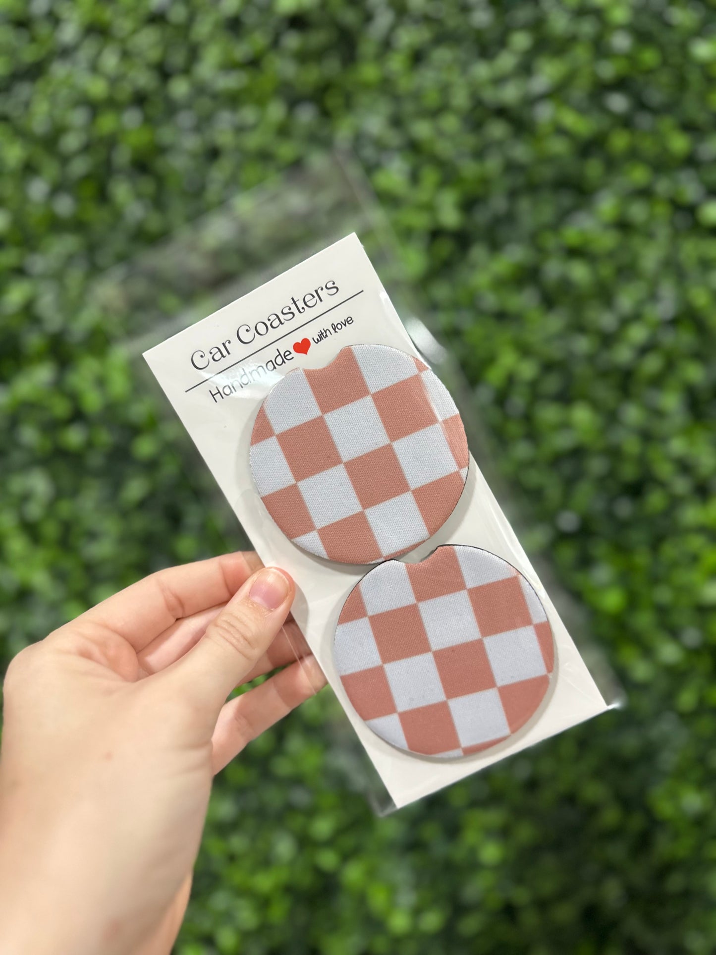 Tan & White Check Car Coaster