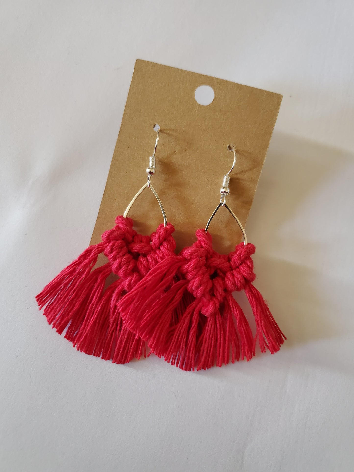 Small Red Teardrop Macrame Earrings