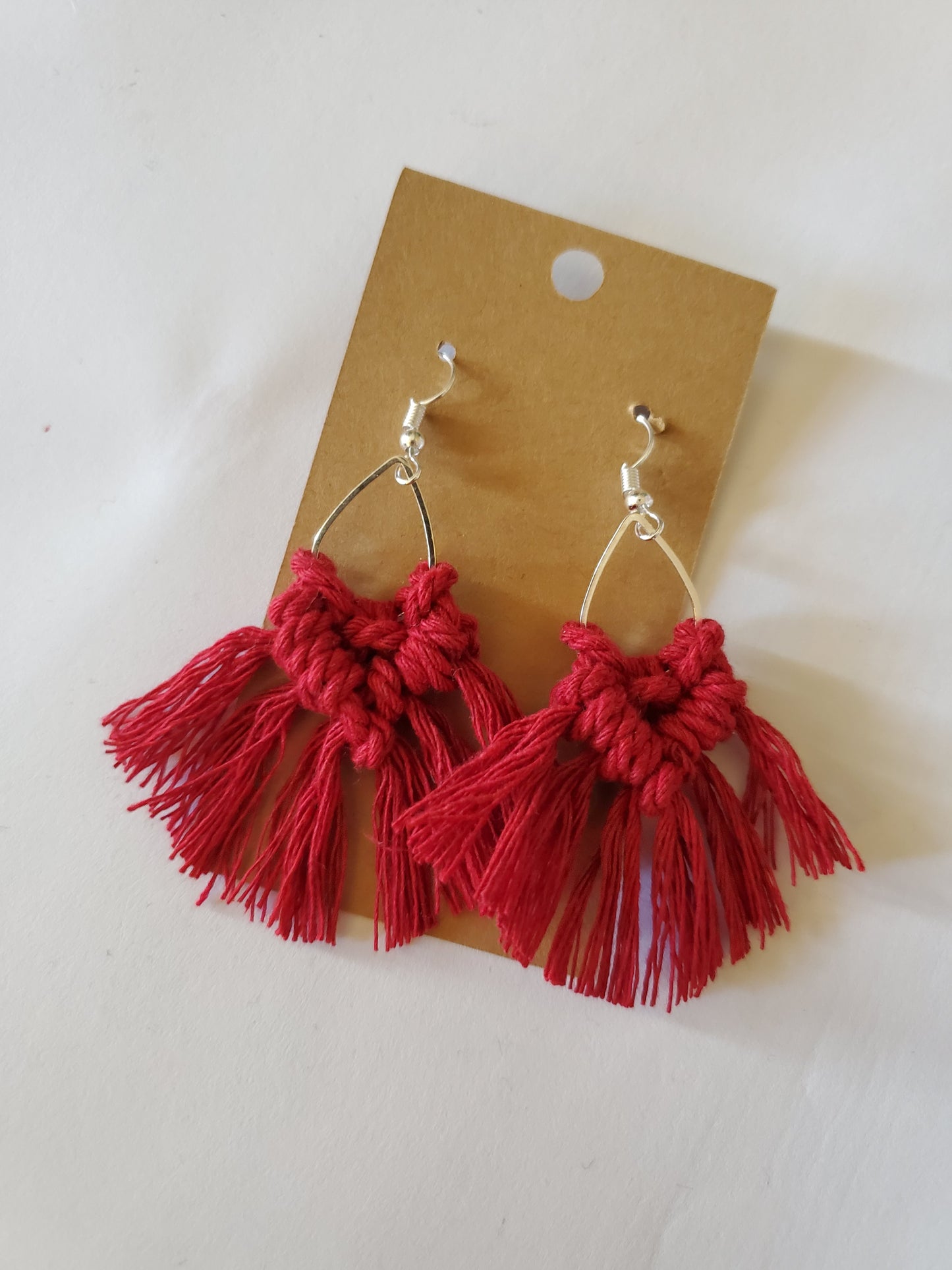 Small Dark Red Teardrop Macrame Earrings