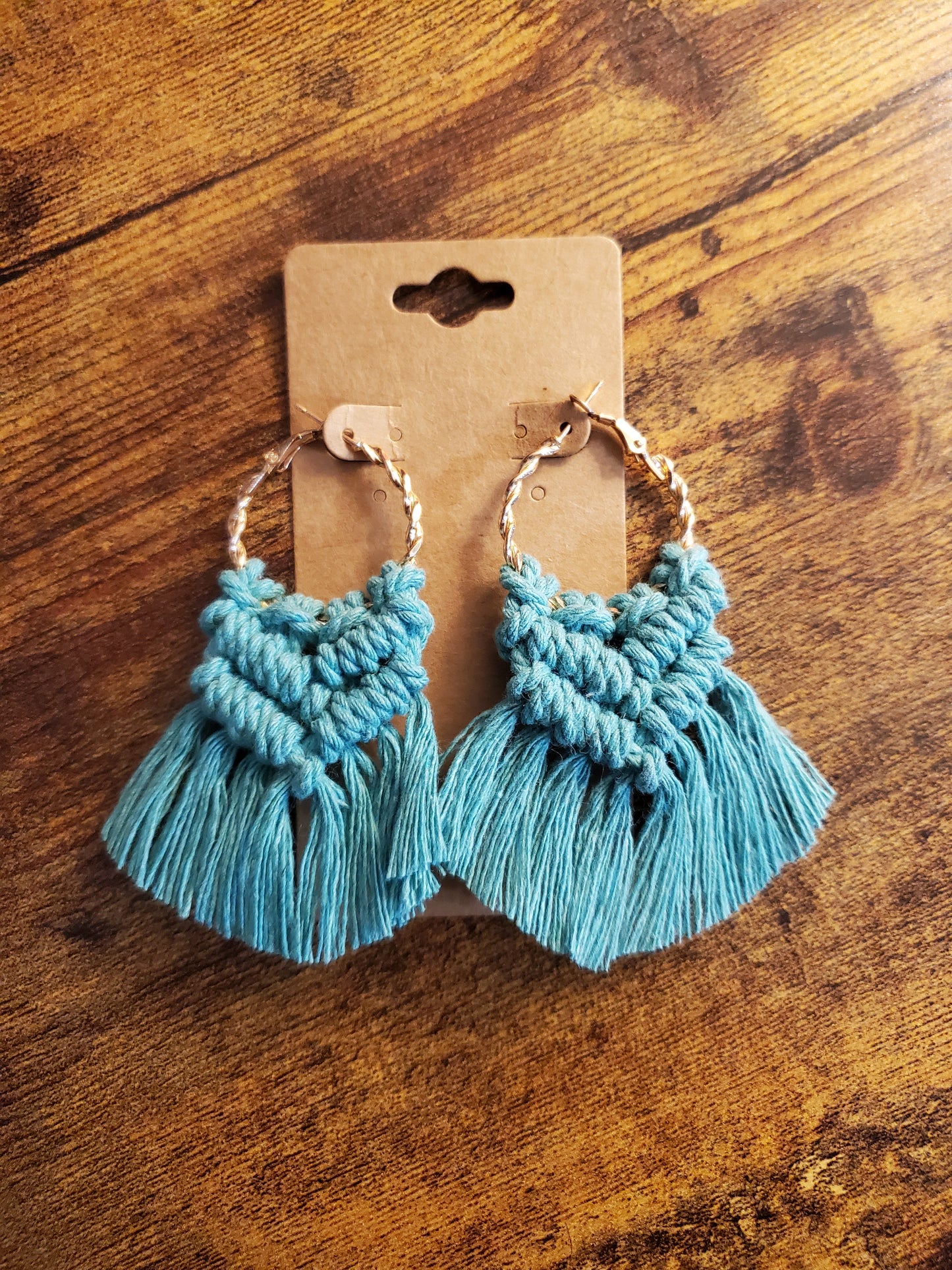 Teal Gold Hoop Macrame Earrings