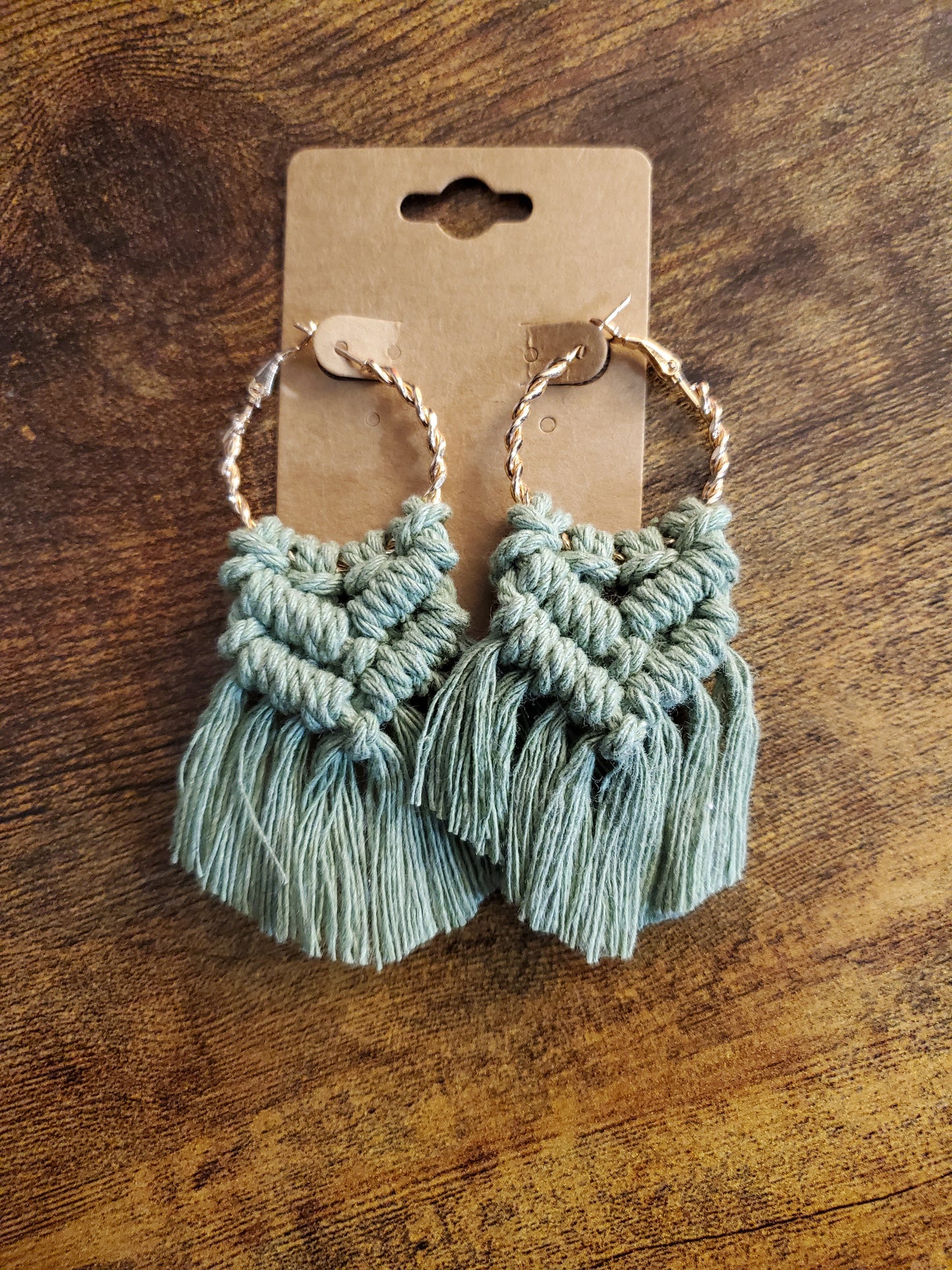 Light Olive Gold Hoop Macrame Earrings