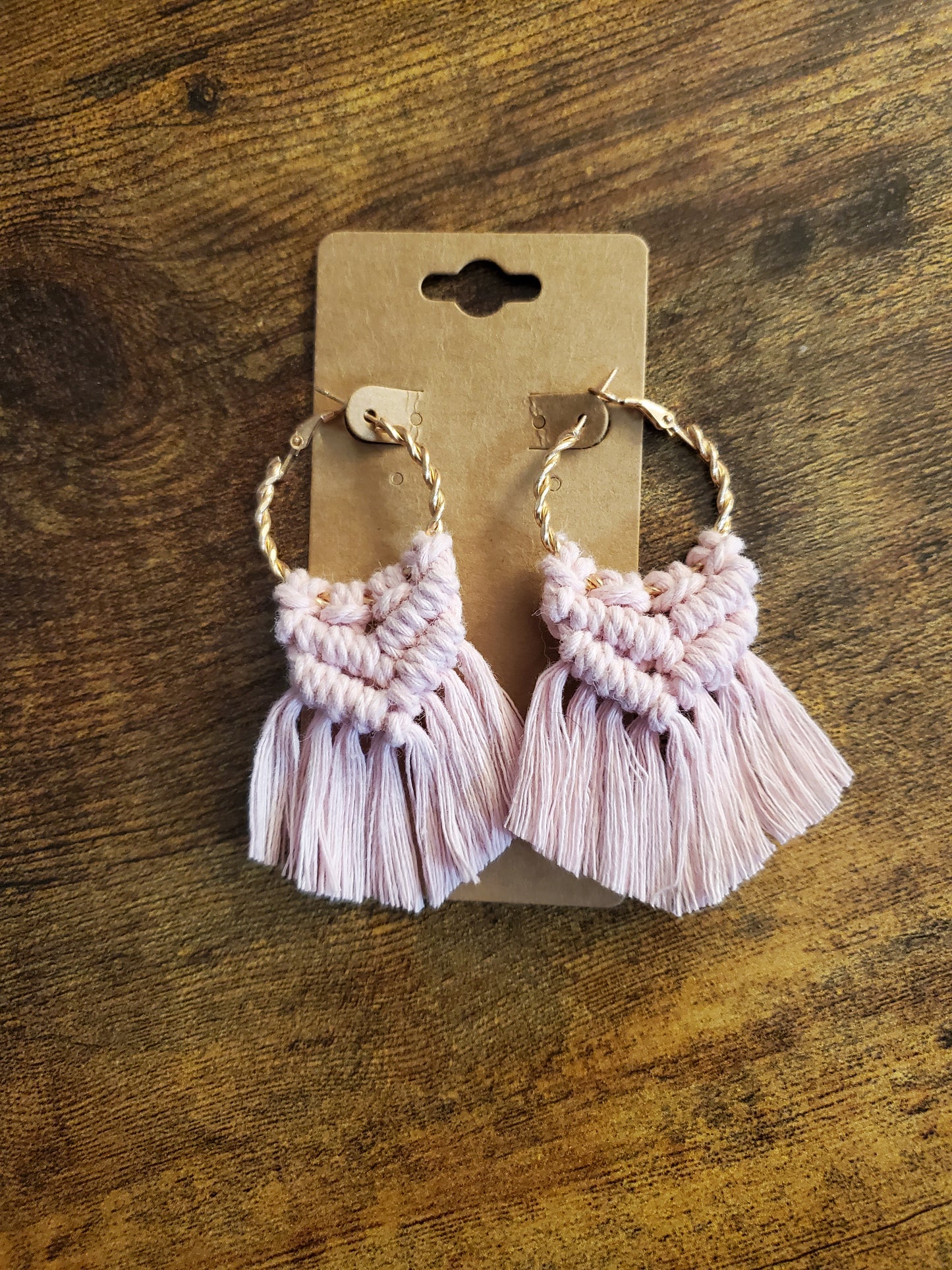 Light Pink Gold Hoop Macrame Earrings
