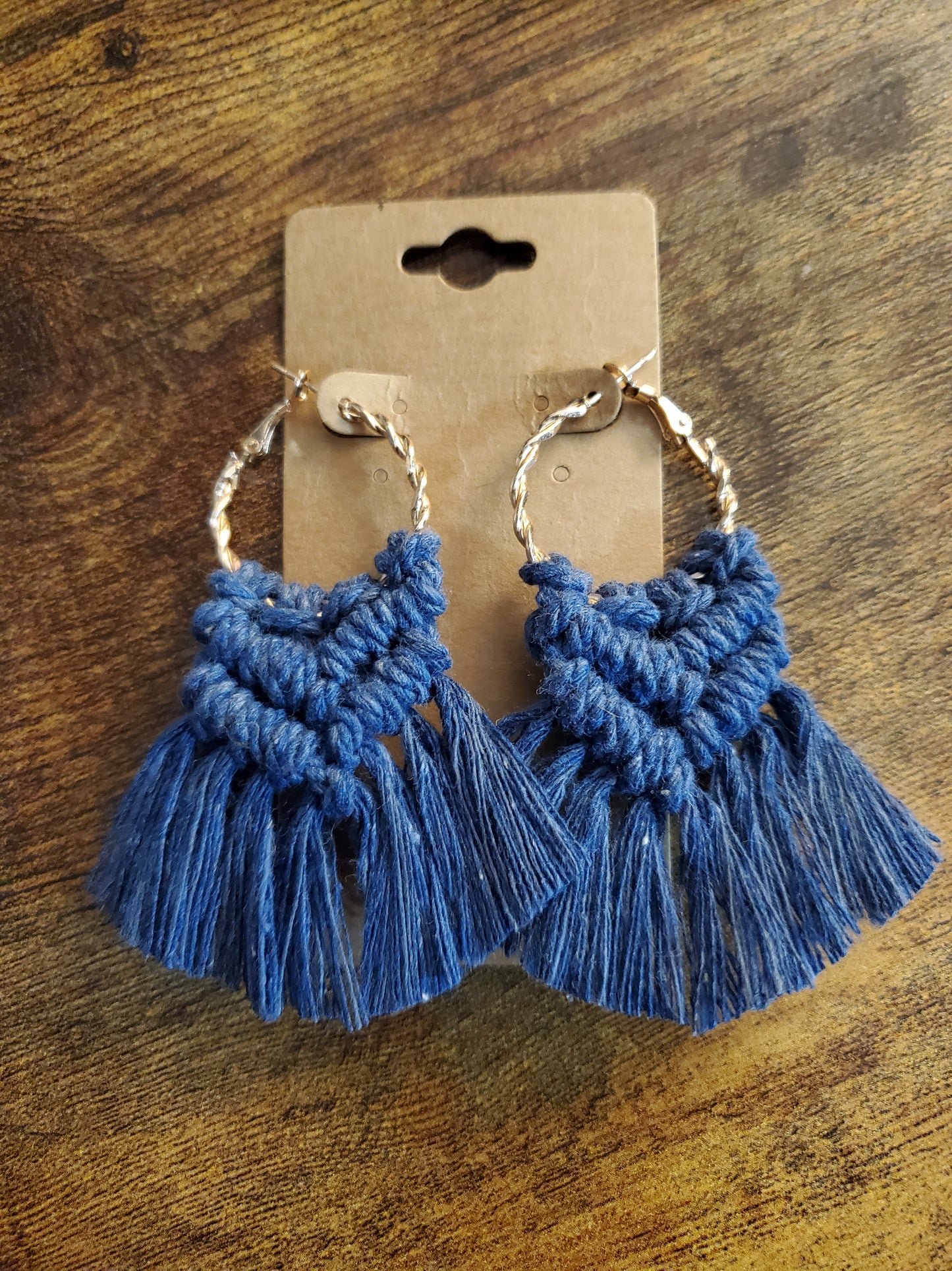 Denim Gold Hoop Macrame Earrings