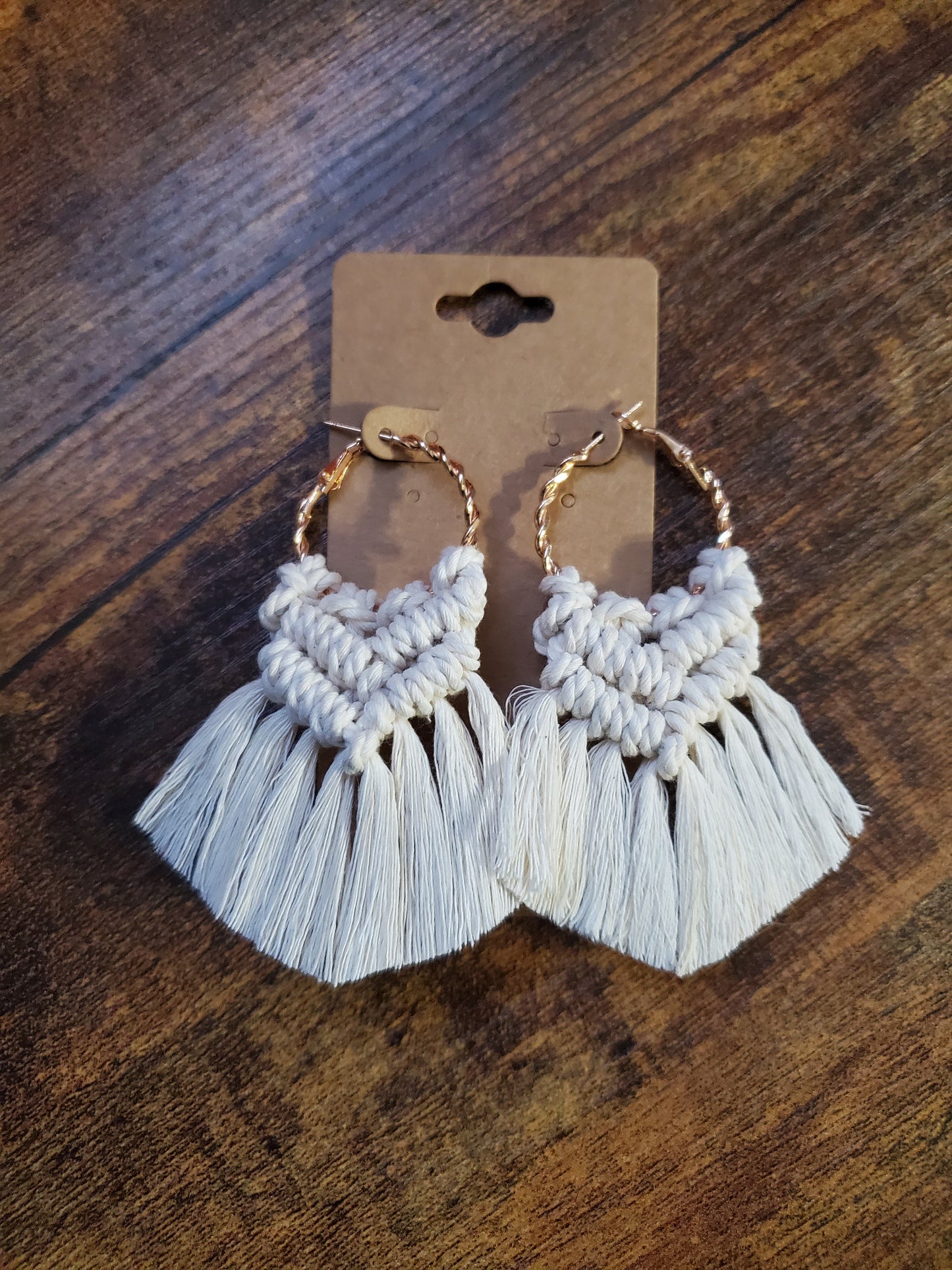 Ivory Gold Hoop Macrame Earrings
