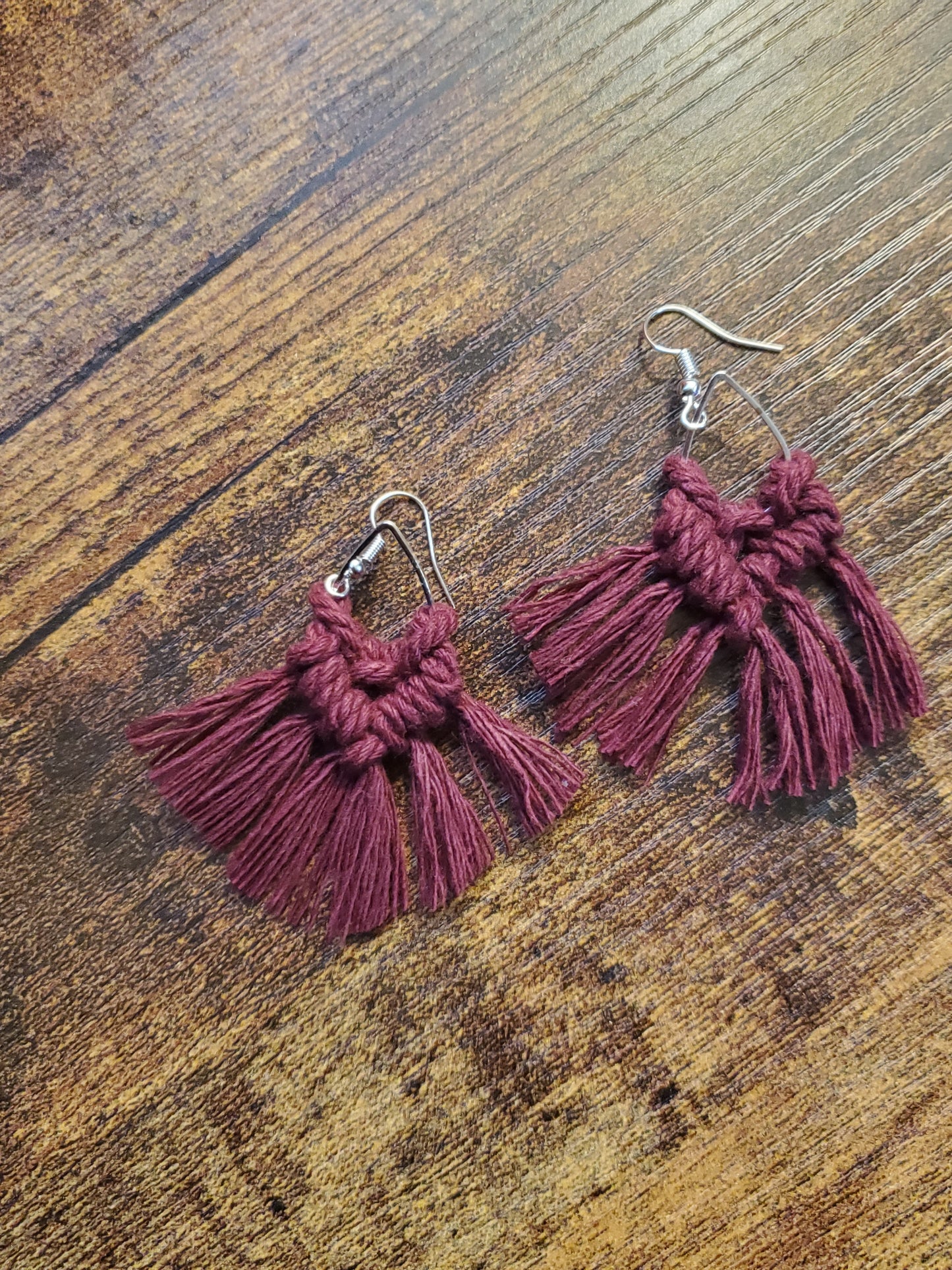 Small Maroon Teardrop Macrame Earrings