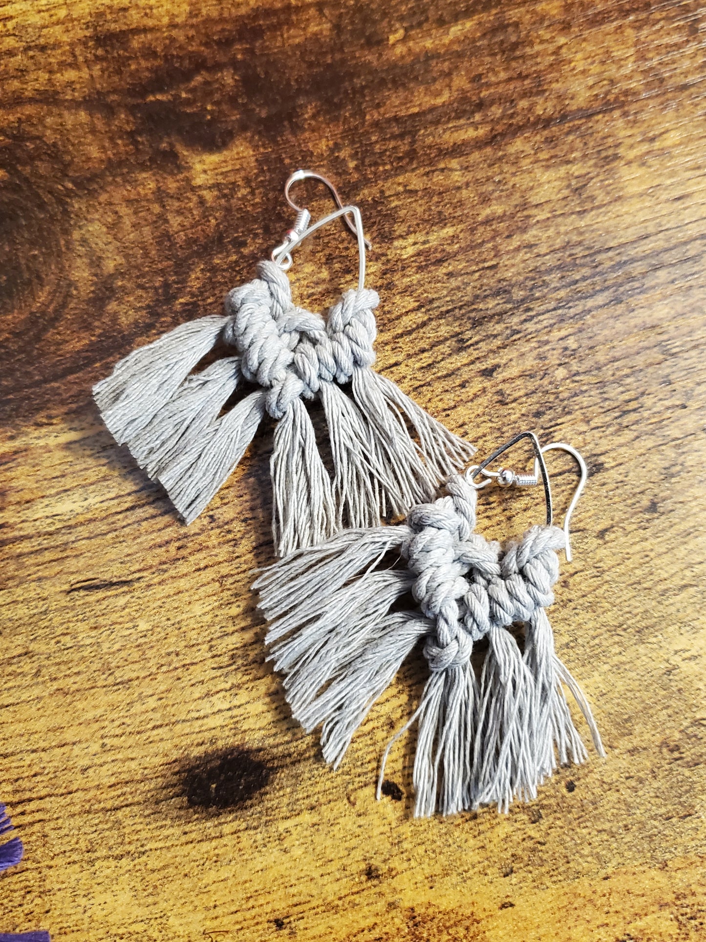 Small Grey Teardrop Macrame Earrings