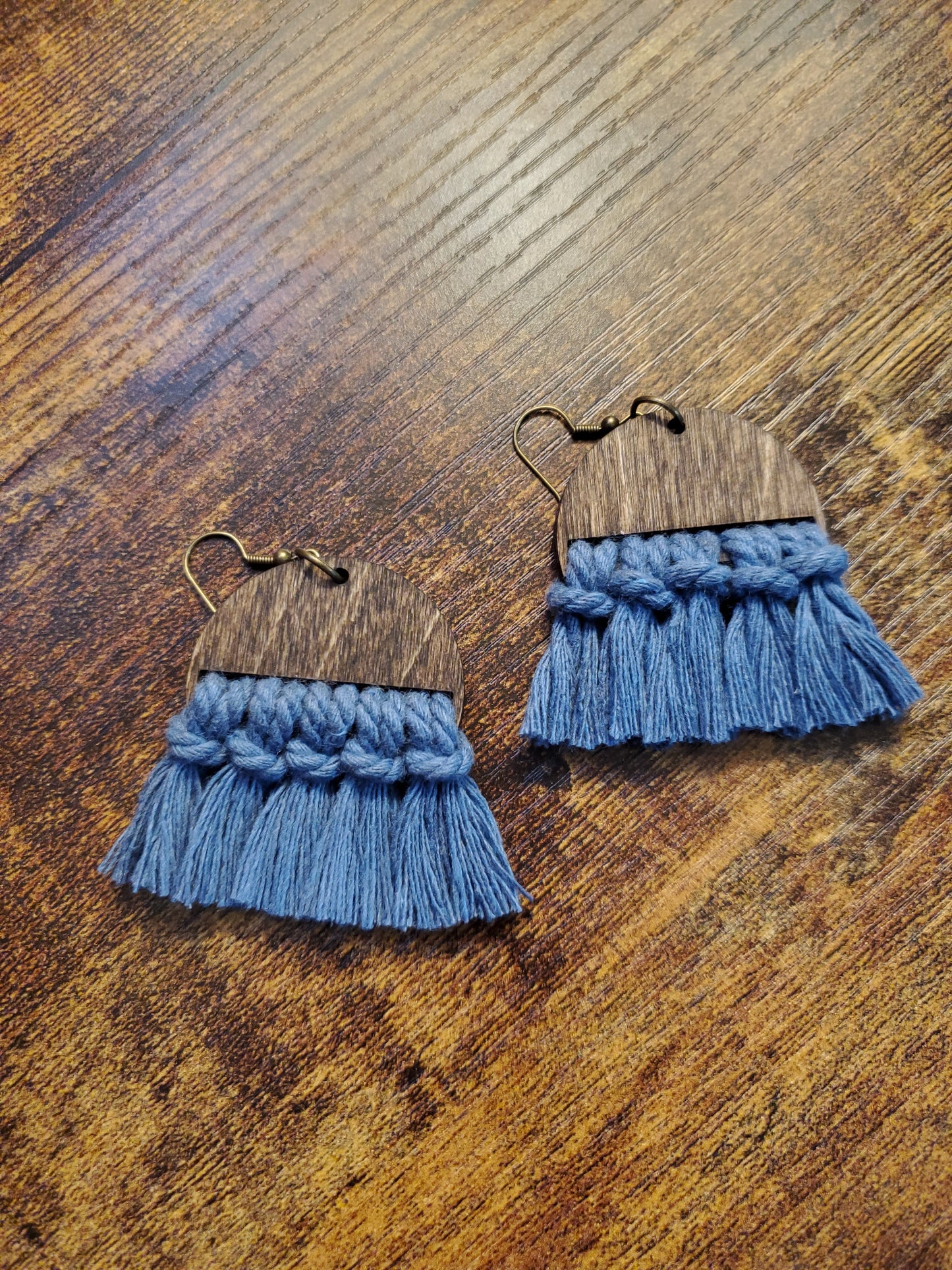 Blue Jean Wooden Macrame Earrings