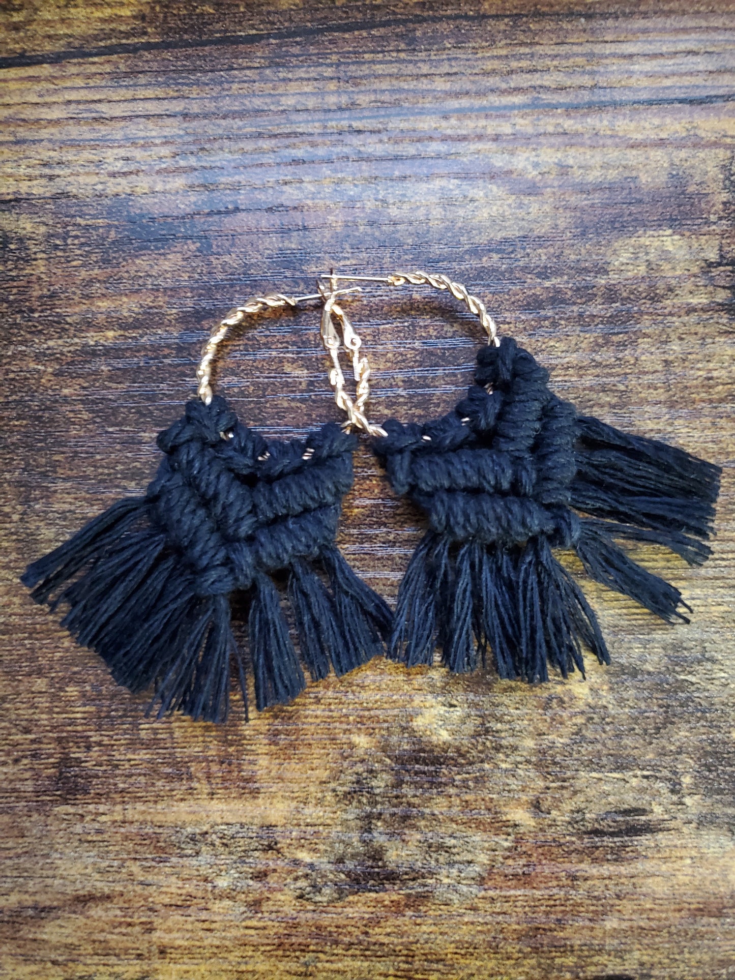 Black Gold Hoop Macrame Earrings