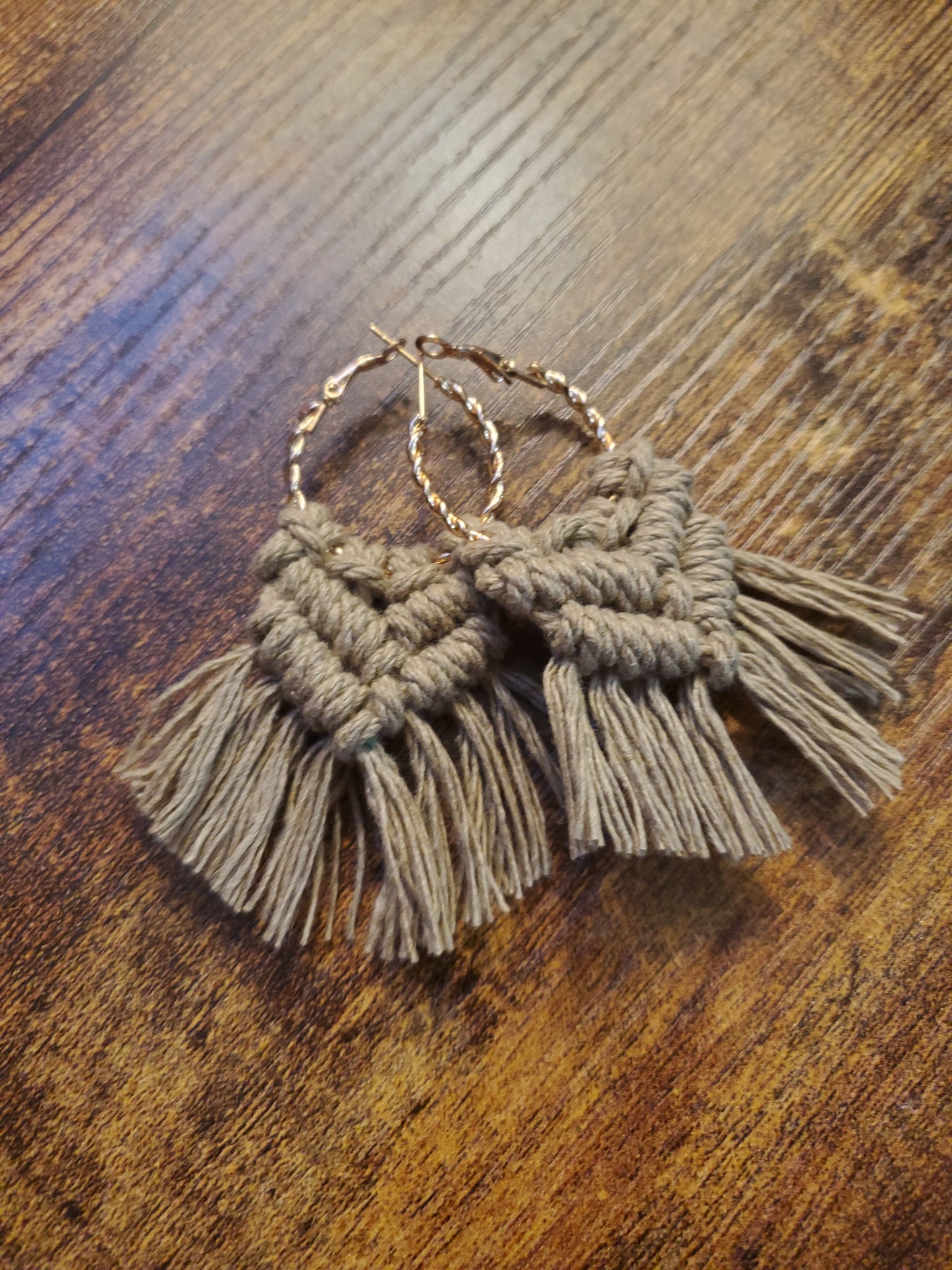 Sand Gold Hoop Macrame Earrings