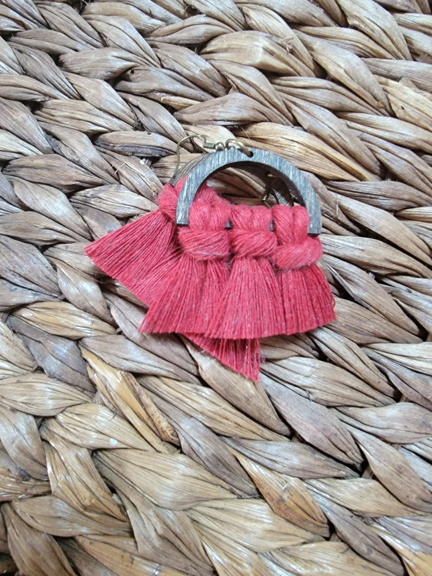 Berry Red Wood Macrame Earrings