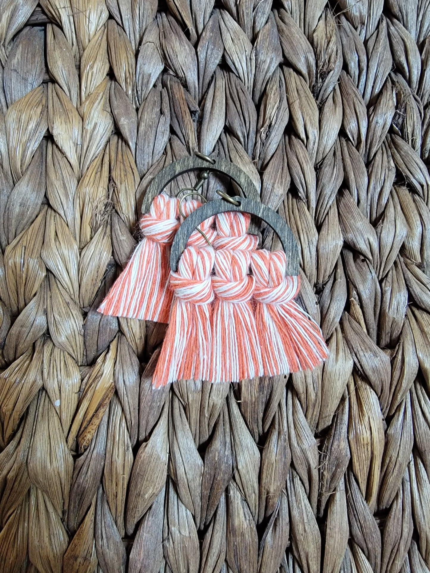 Orange Two-Tone Wood Macrame Earrings
