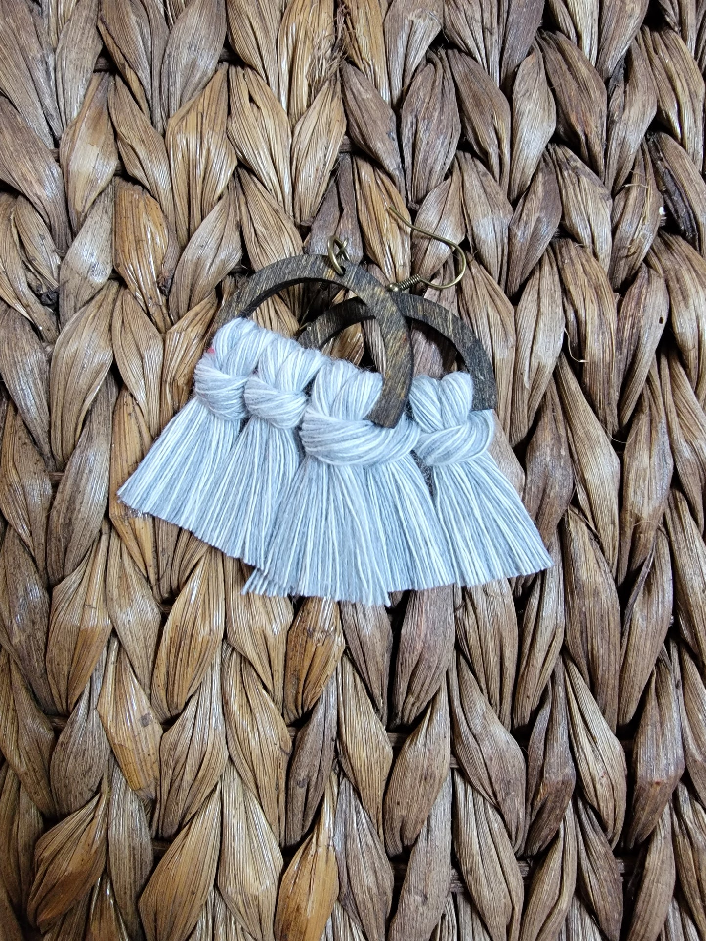 Silver Two-Tone Wood Macrame Earrings