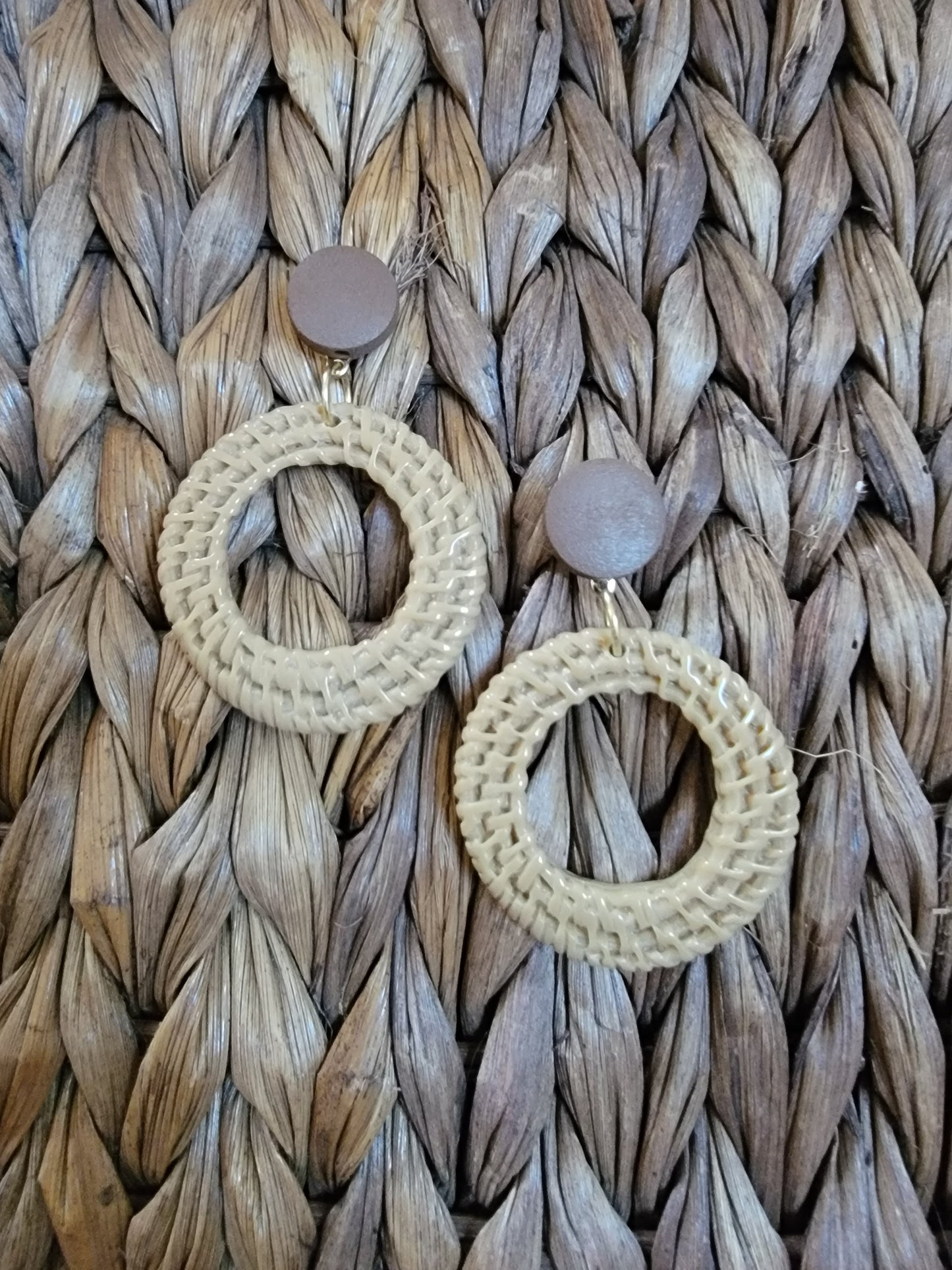 Tan Round Rattan Style Clay Earrings