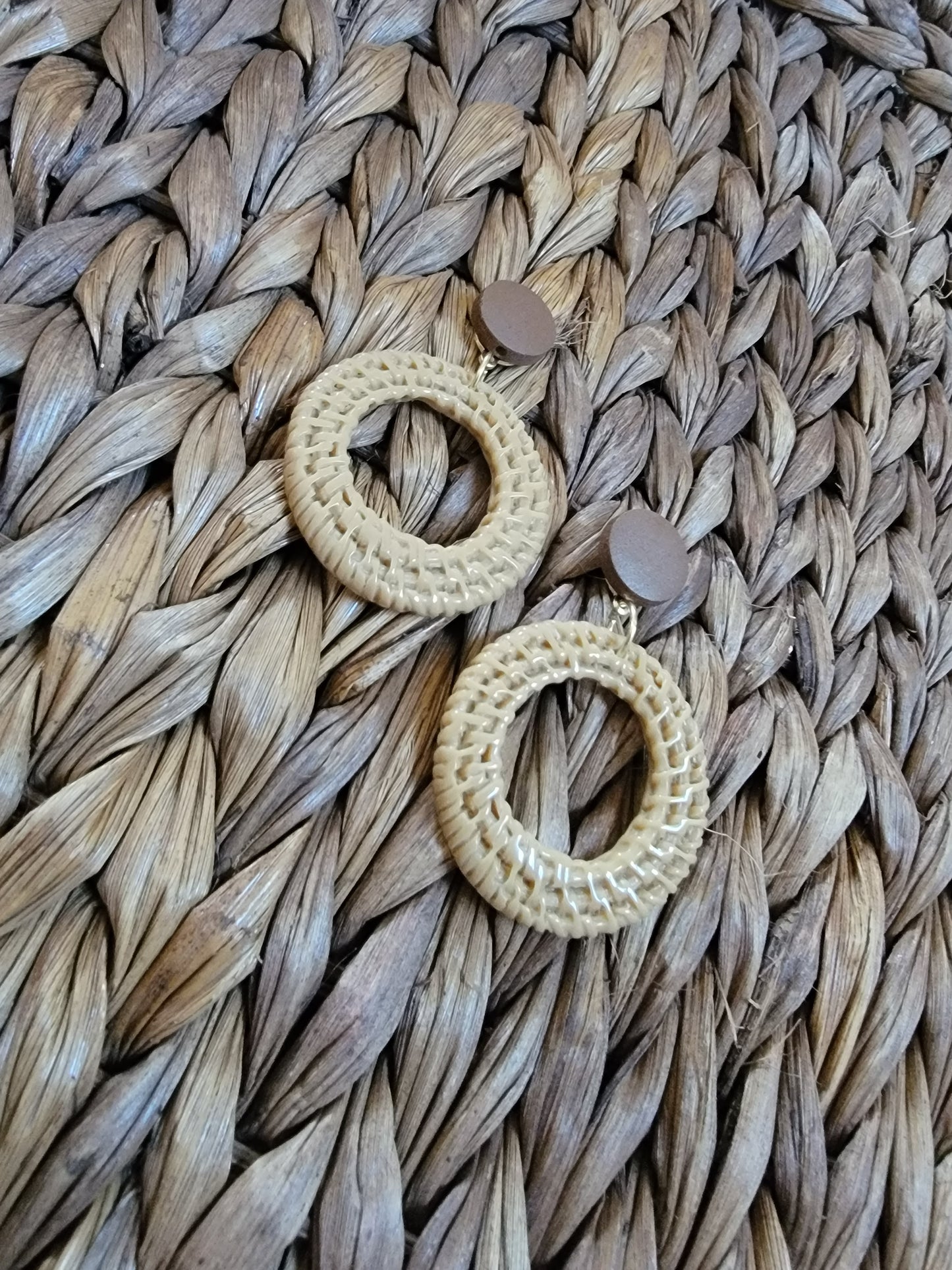 Tan Round Rattan Style Clay Earrings