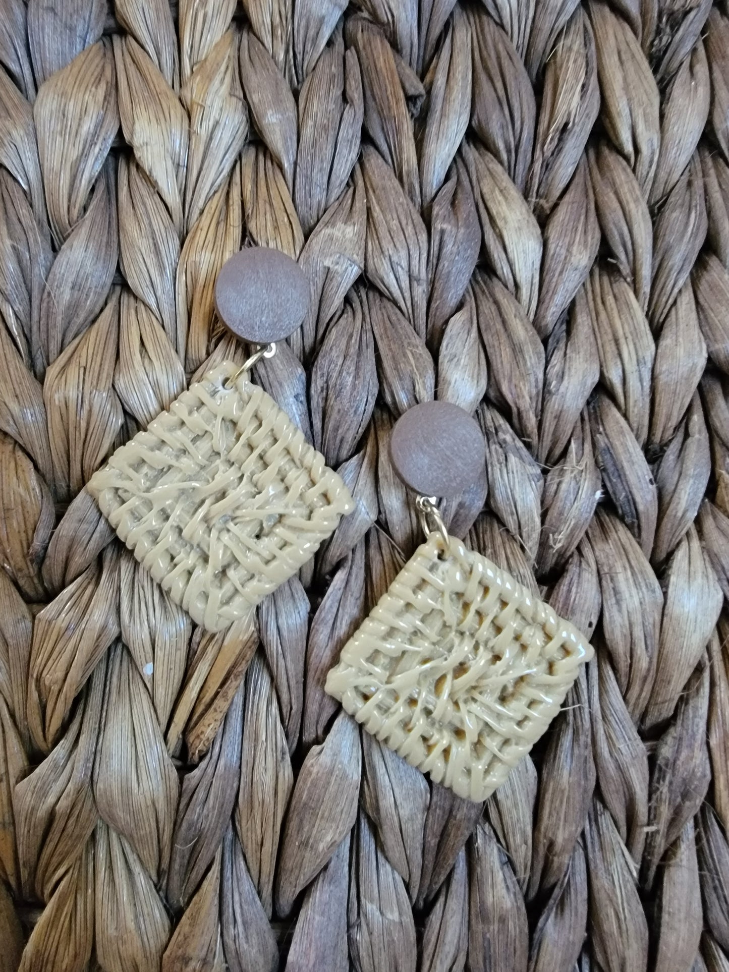 Tan Square Rattan Style Clay Earrings