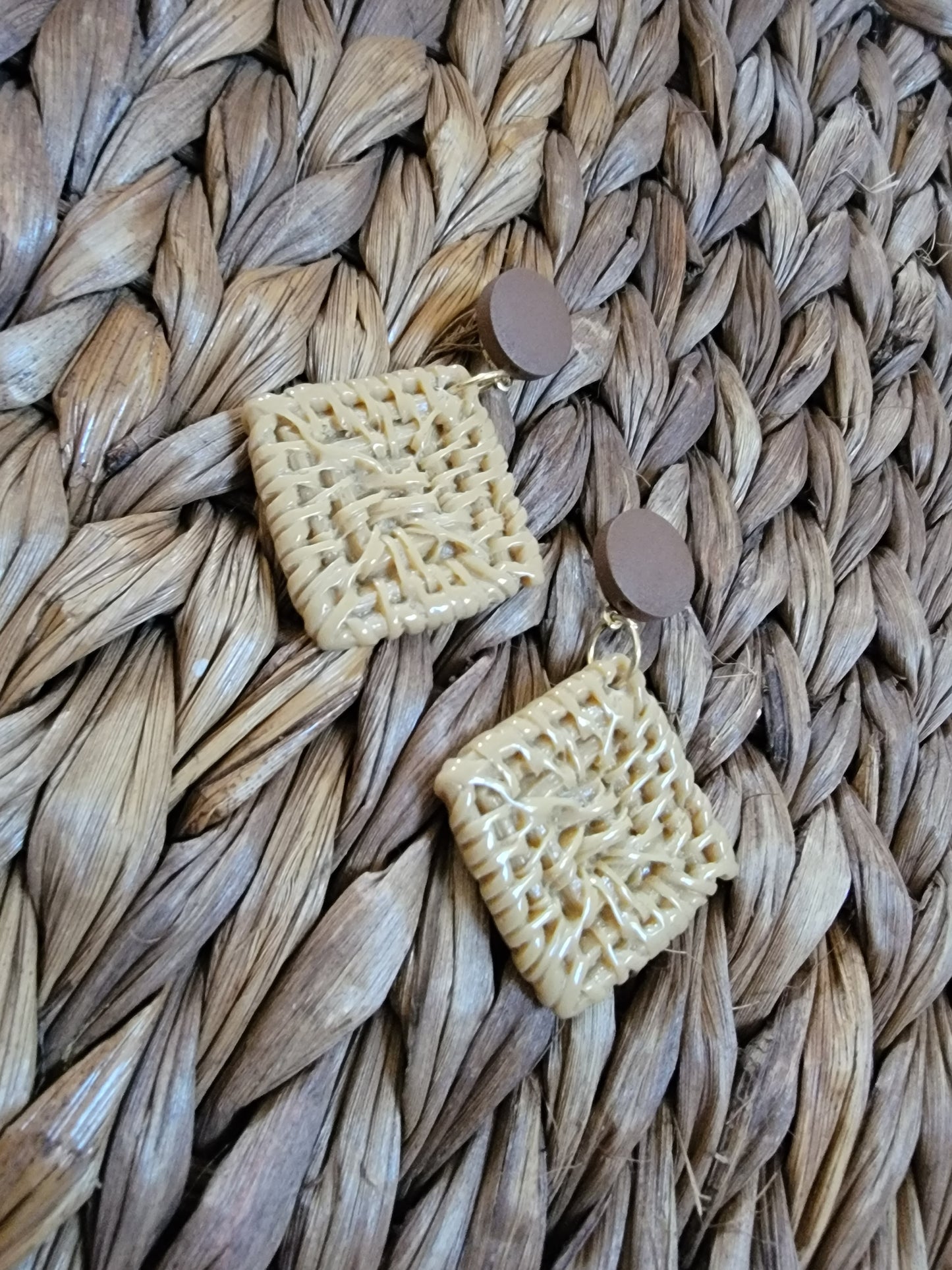 Tan Square Rattan Style Clay Earrings