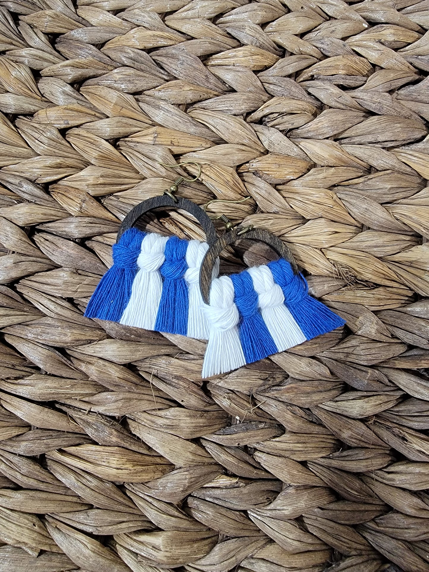 Royal & White Wood Macrame Earrings