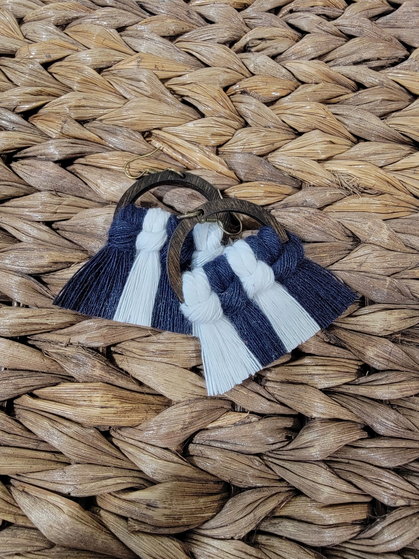Navy & White Wood Macrame Earrings