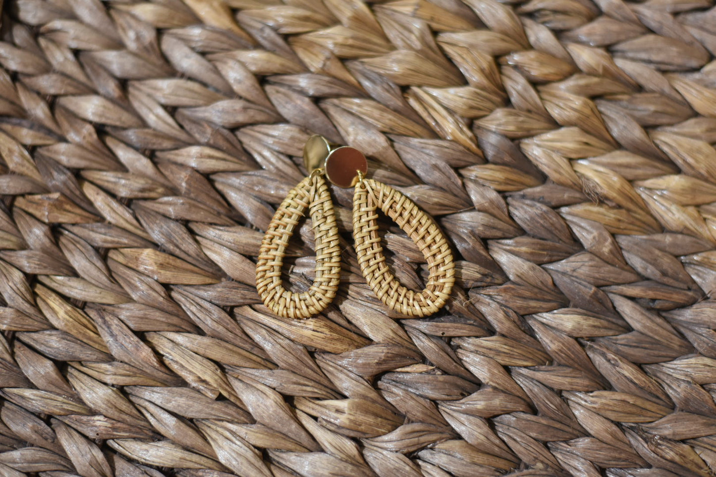 Tan Teardrop Rattan Dangle Earrings