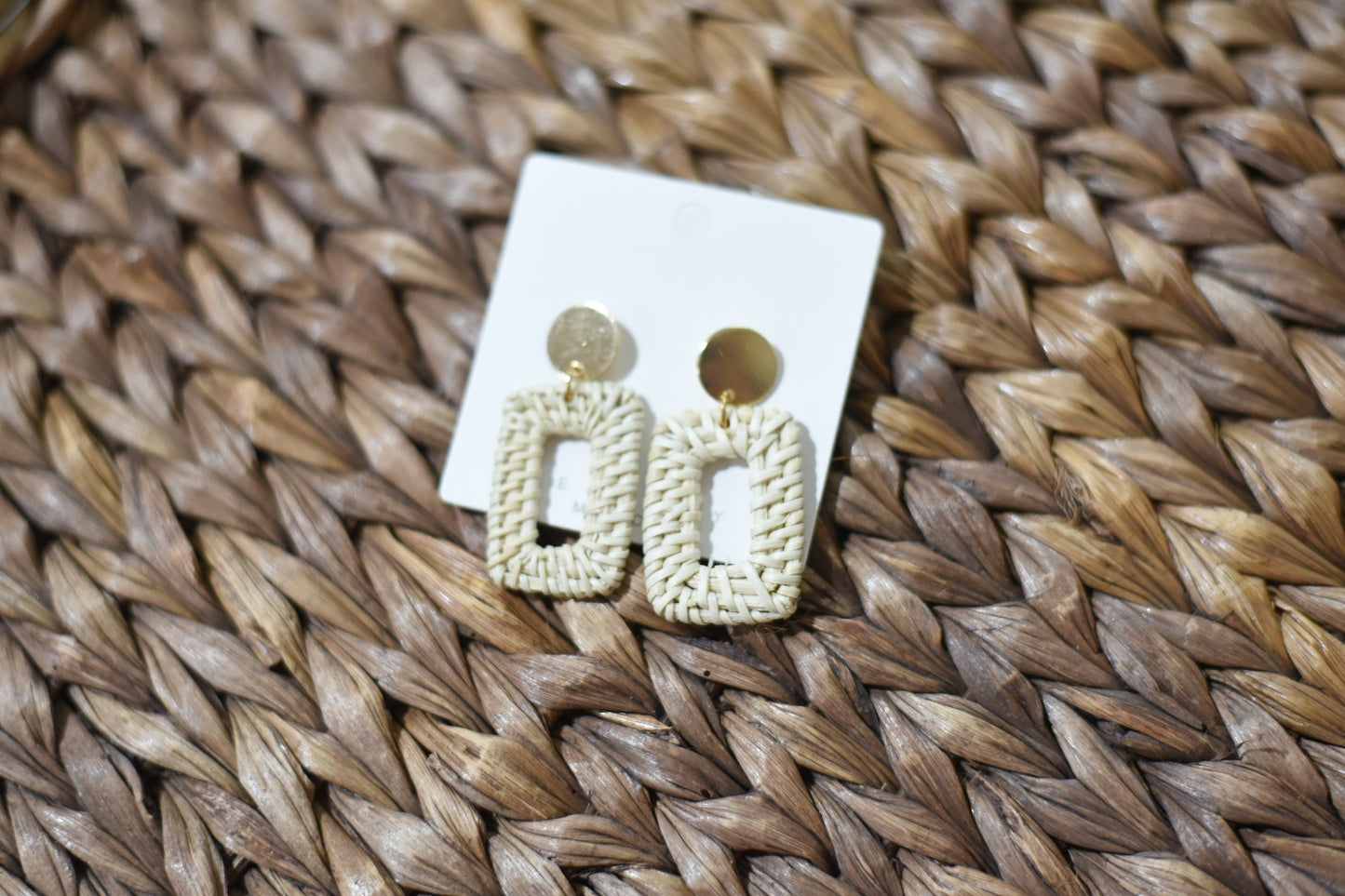 Ivory Rectangle Rattan Dangle Earrings