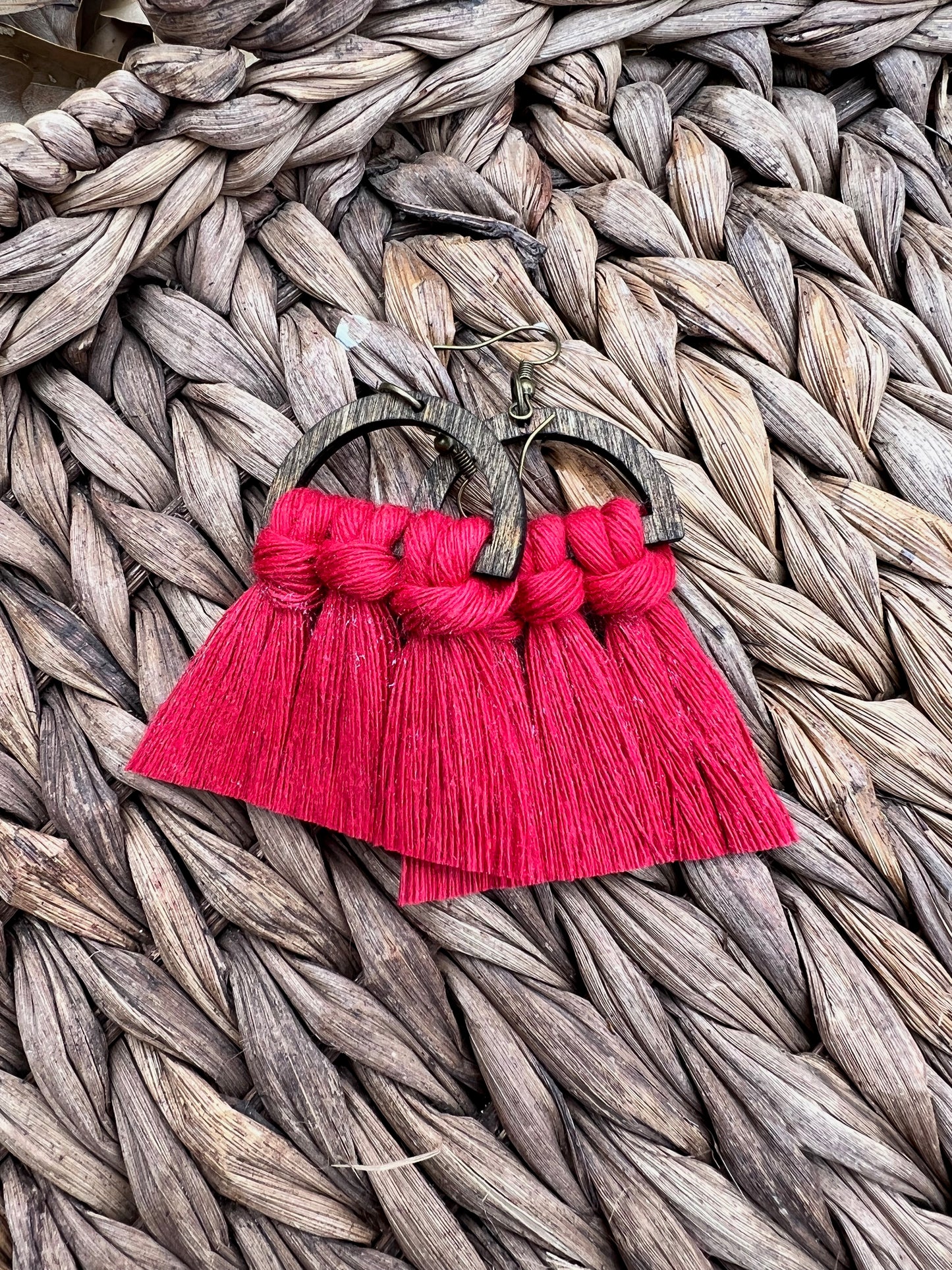 Red Wood Macrame Earrings