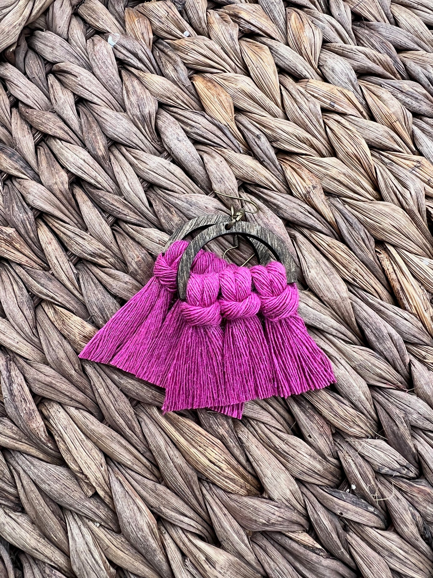 Fuchsia Wood Macrame Earrings