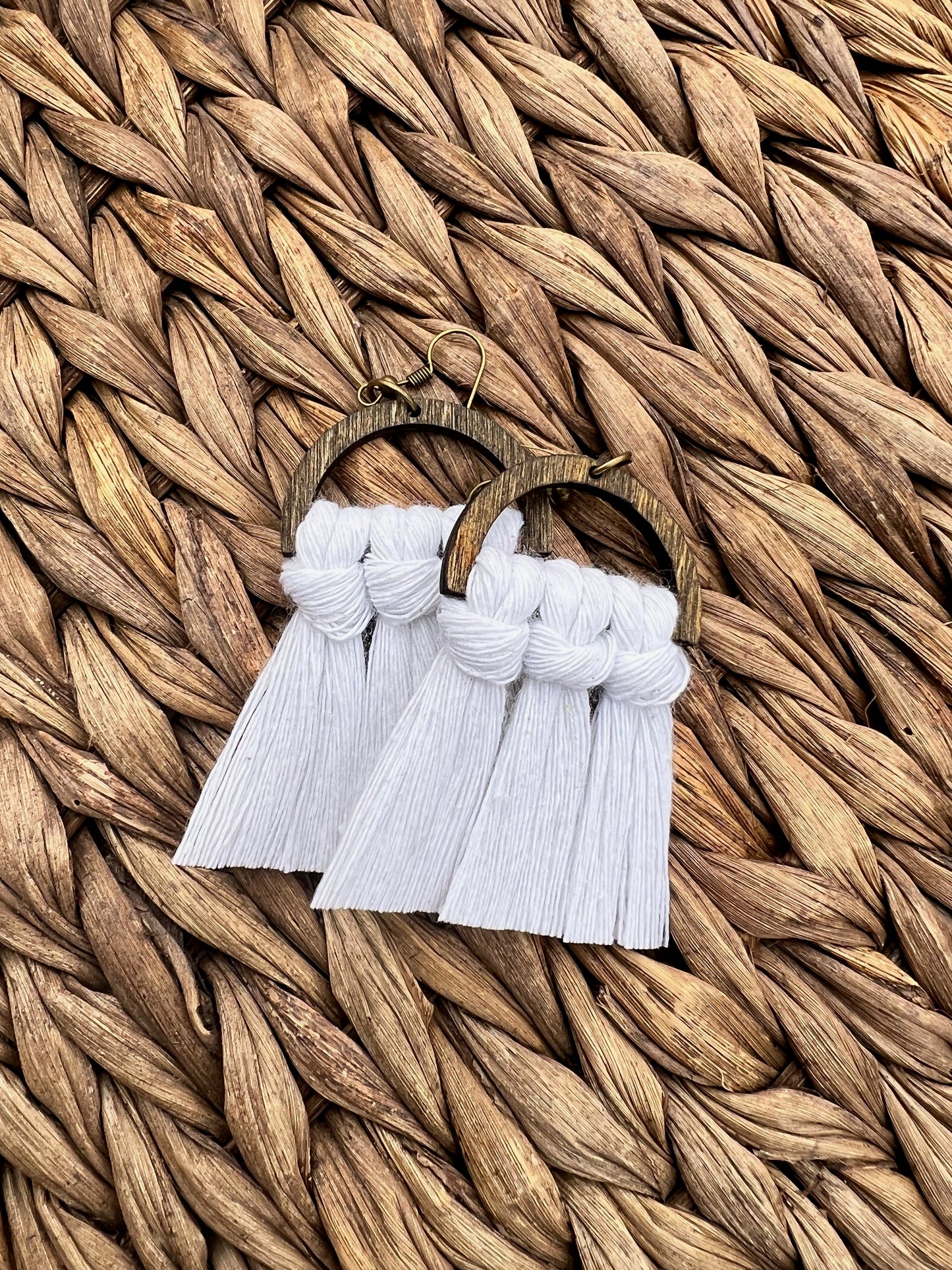 White Wood Macrame Earrings