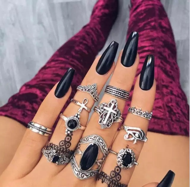 Black Stoned Boho Ring Set