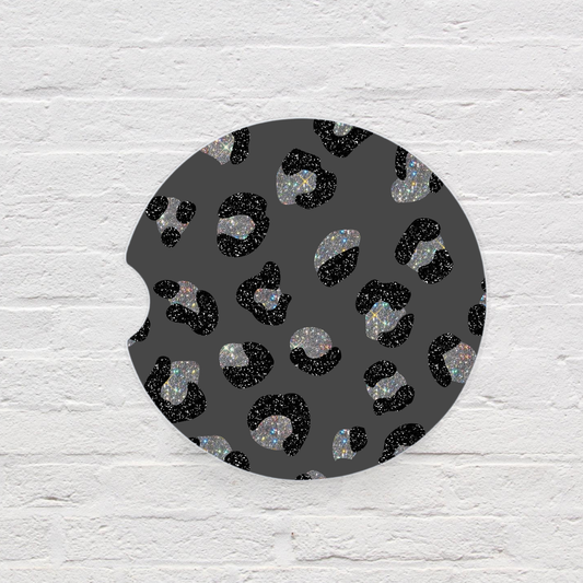 Black & Charcoal Glitter Leopard Car Coaster Set
