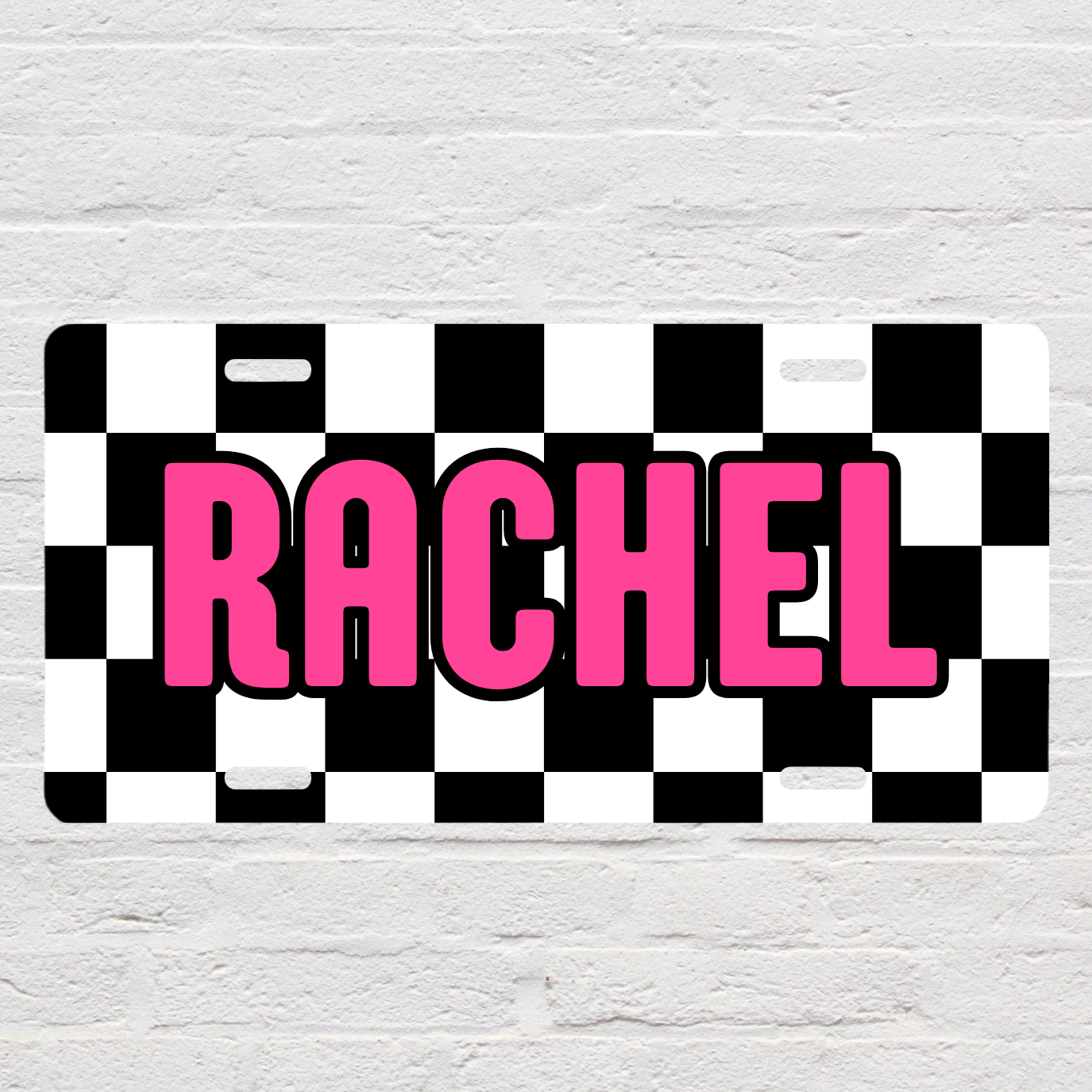 Custom Name with Black Checkered Background License Plate