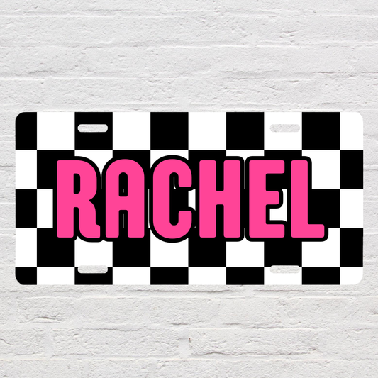 Custom Name with Black Checkered Background License Plate