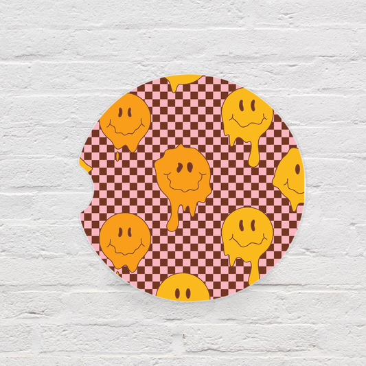 Drippy Smiley with Check Background Car Coaster Set