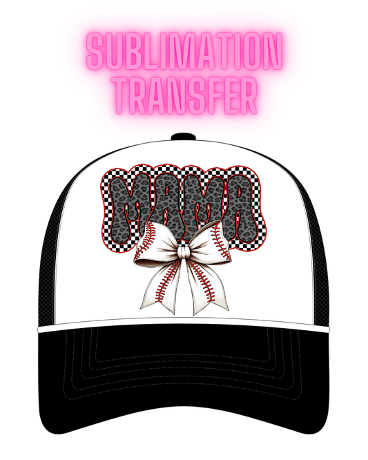 Baseball Bow Check Mama Sublimation Transfer - Hat Size