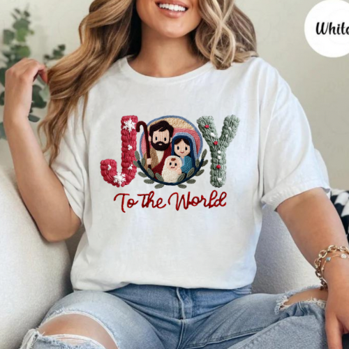 JOY Mary, Joseph & Baby Jesus Faux Yarn Graphic Tee