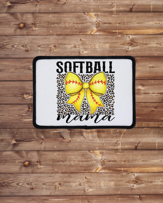 Softball Mama with Bow & Leopard Background Iron on Patch