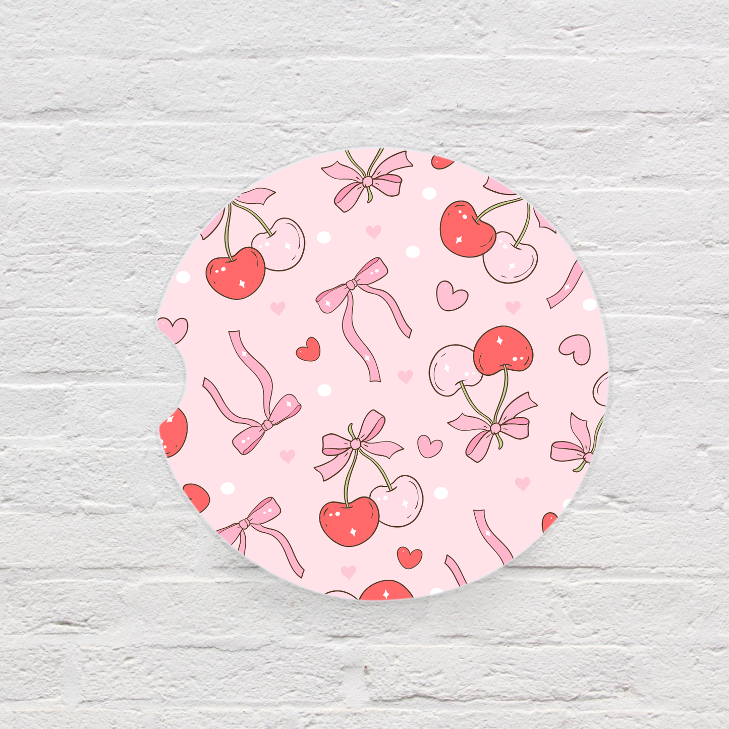 Pink Bows & Cherries Car Coaster Set