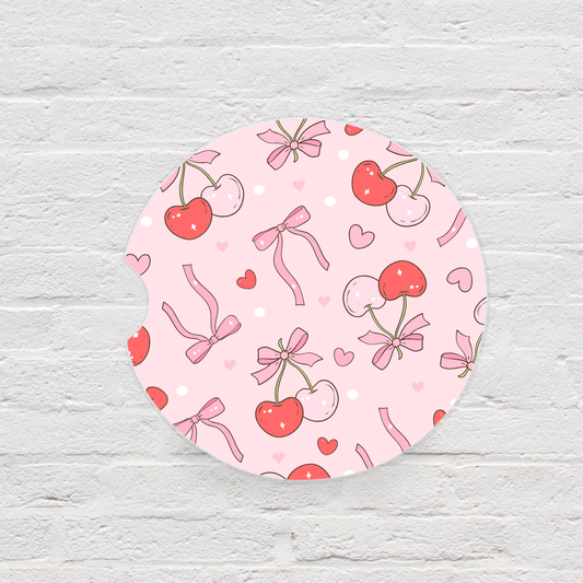Pink Bows & Cherries Car Coaster Set