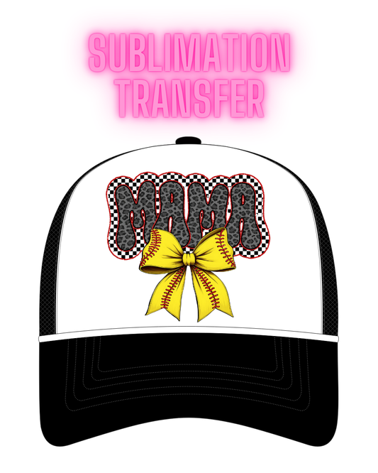 Softball Bow Check Mama Sublimation Transfer - Hat Size