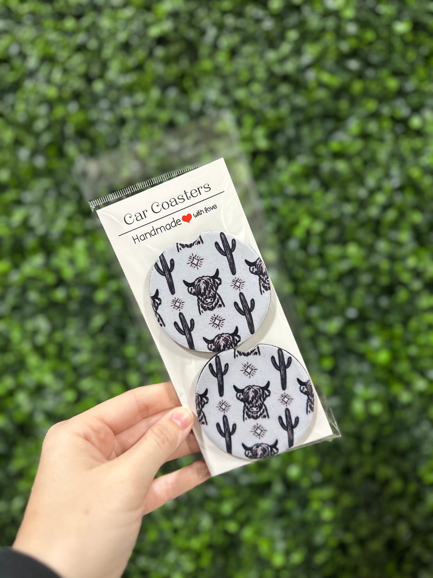 Black & White Highland Cow & Cactus Car Coaster