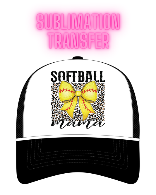 Leopard Background Softball Mama with Bow Sublimation Transfer - Hat Size