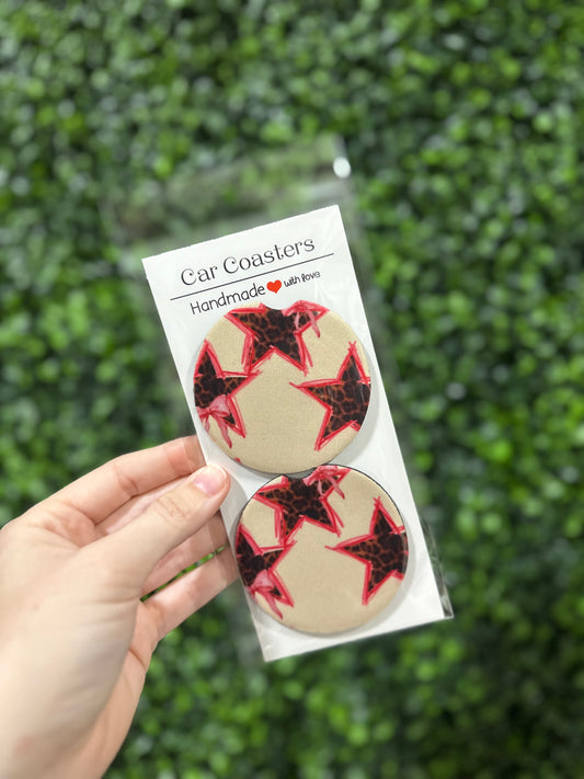 Leopard Stars with Pink Bows Car Coaster